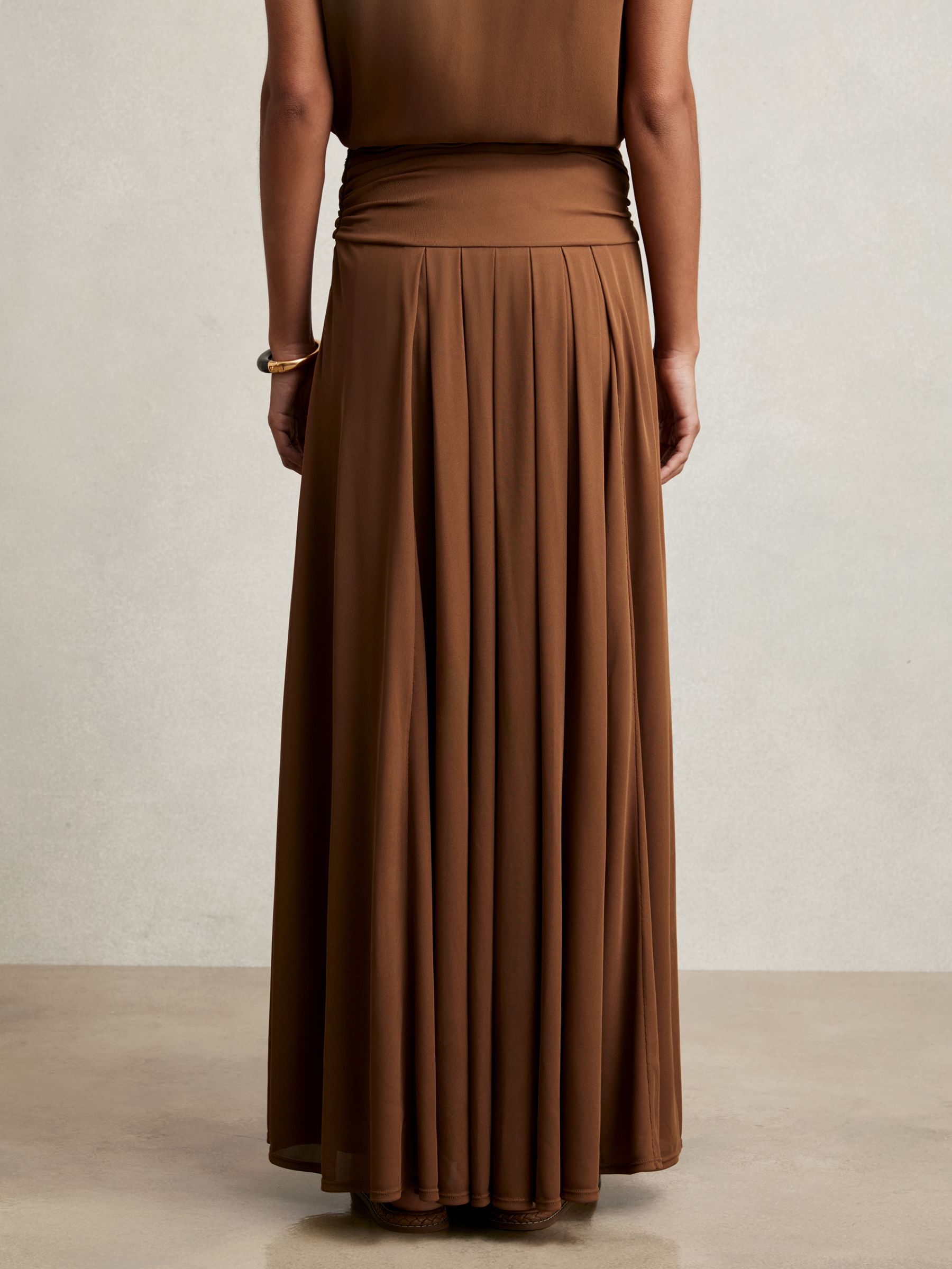 Jersey Ruched-Waist Maxi Skirt in Tan Brown
