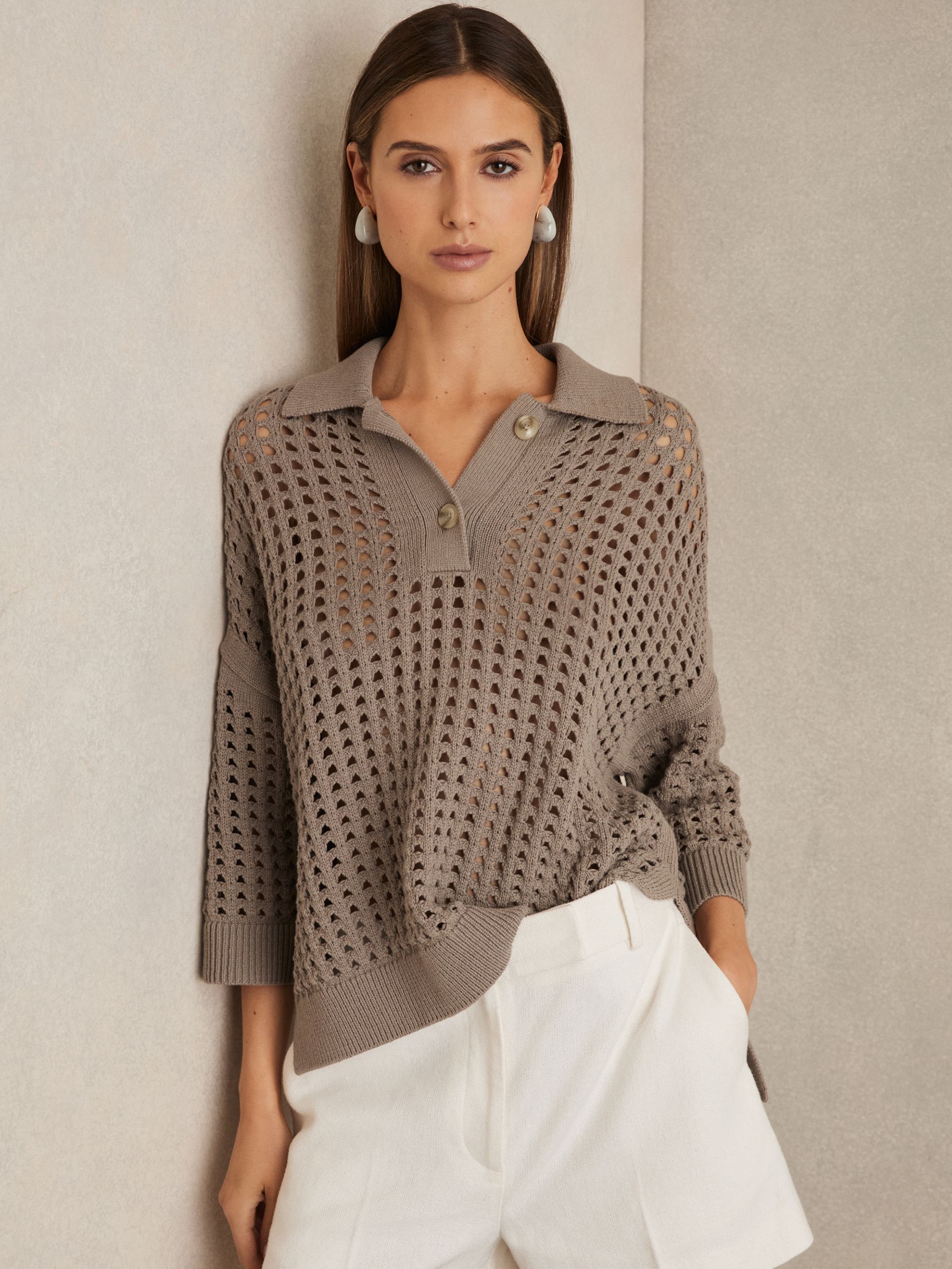 Cotton Crochet Collared Jumper in Stone