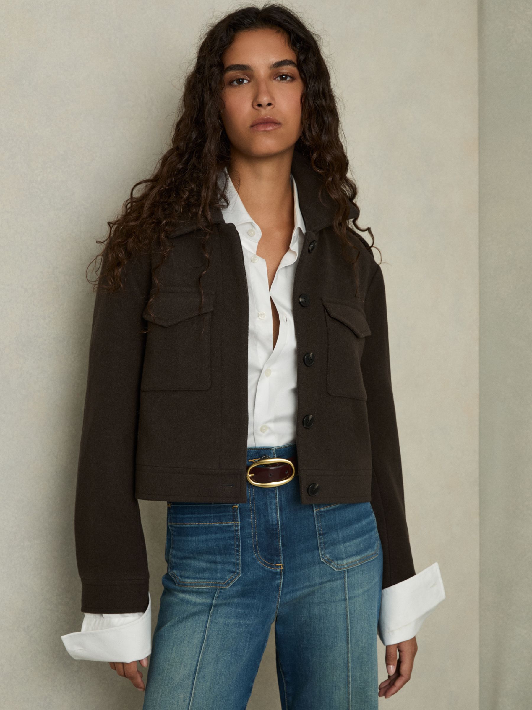 Wool-Blend Cropped Jacket in Mocha Brown