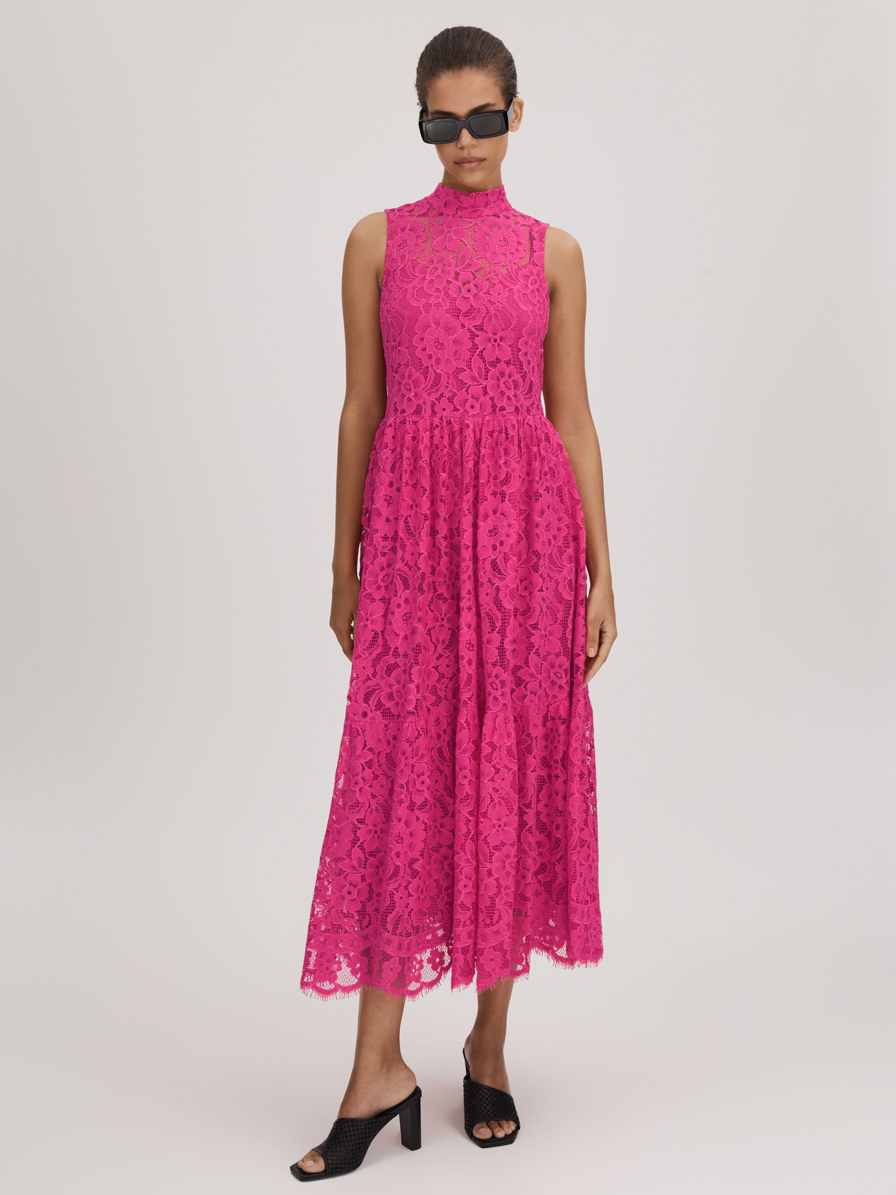 Florere Lace Tie Back Midi Dress in Bright Pink