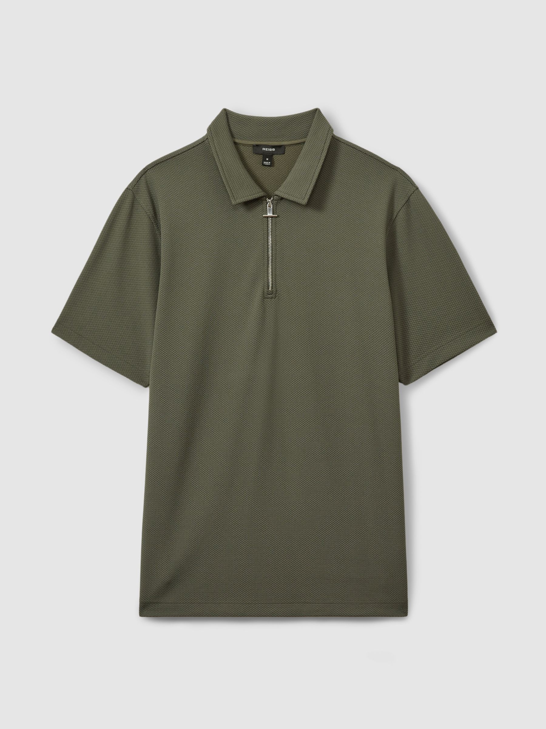 Textured Zip-Neck Polo Shirt in Green Smoke
