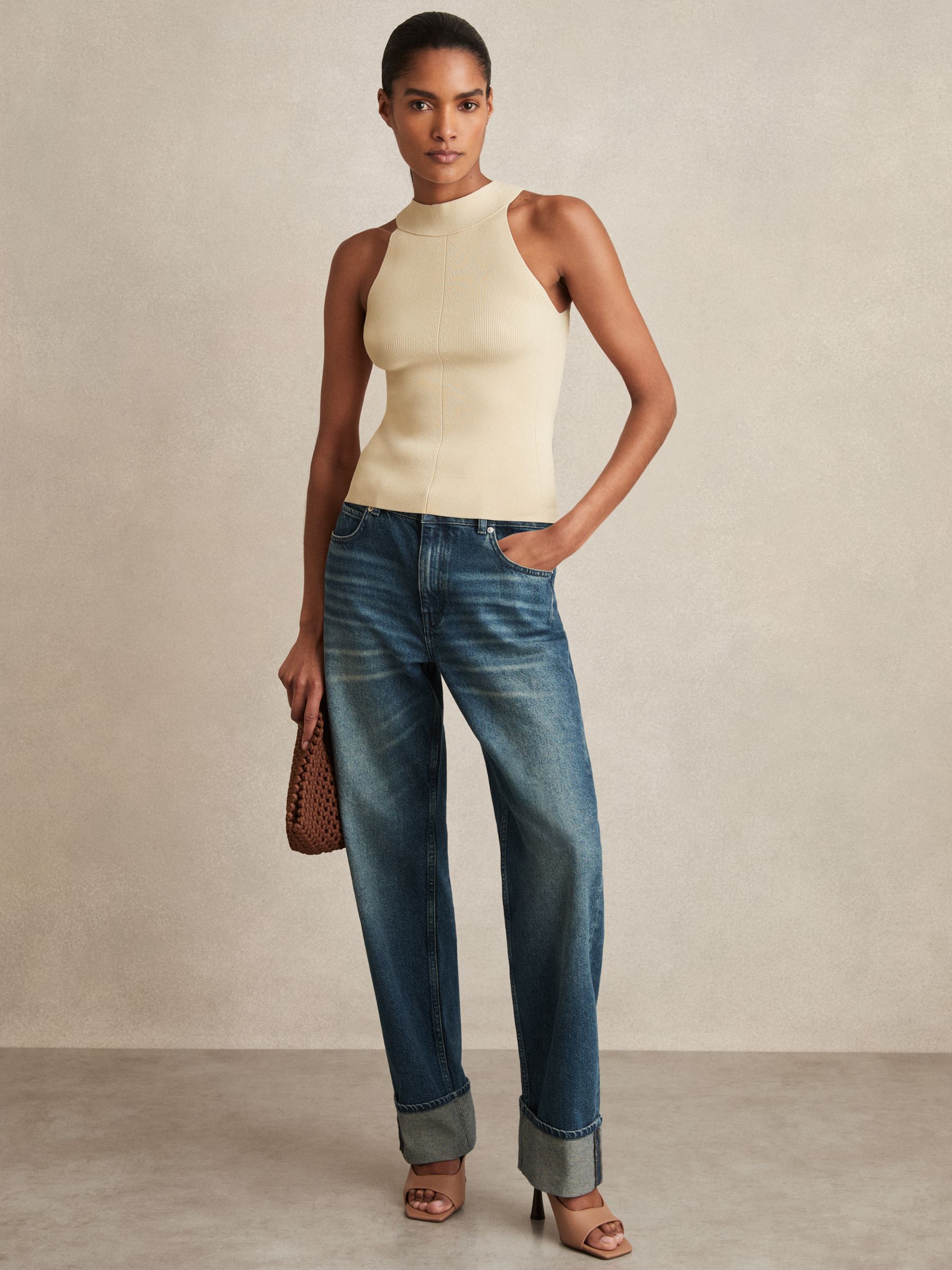 Rib Knit High Neck Vest in Ivory