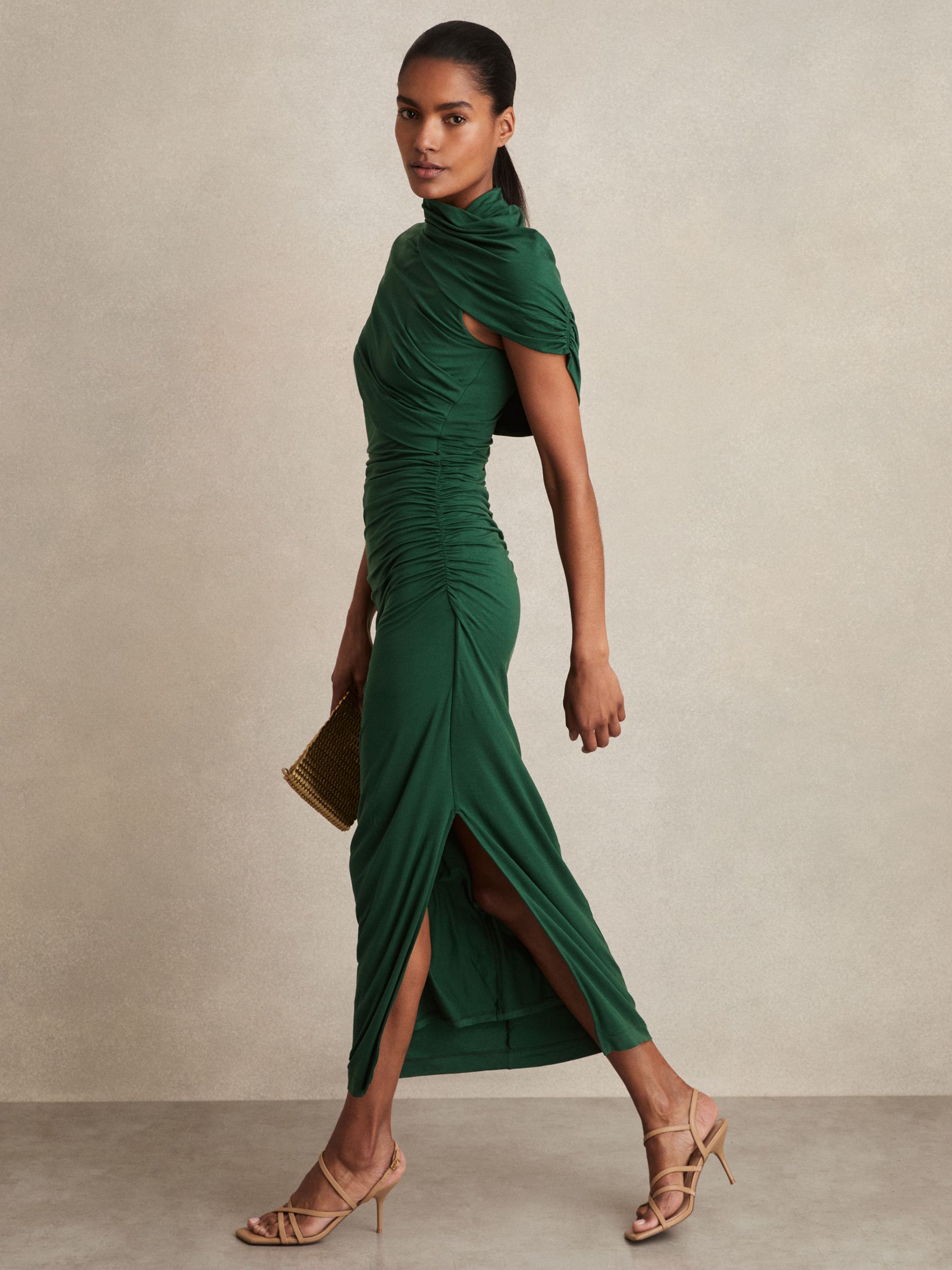 Stretch Lyocell Ruched Midi Dress in Green
