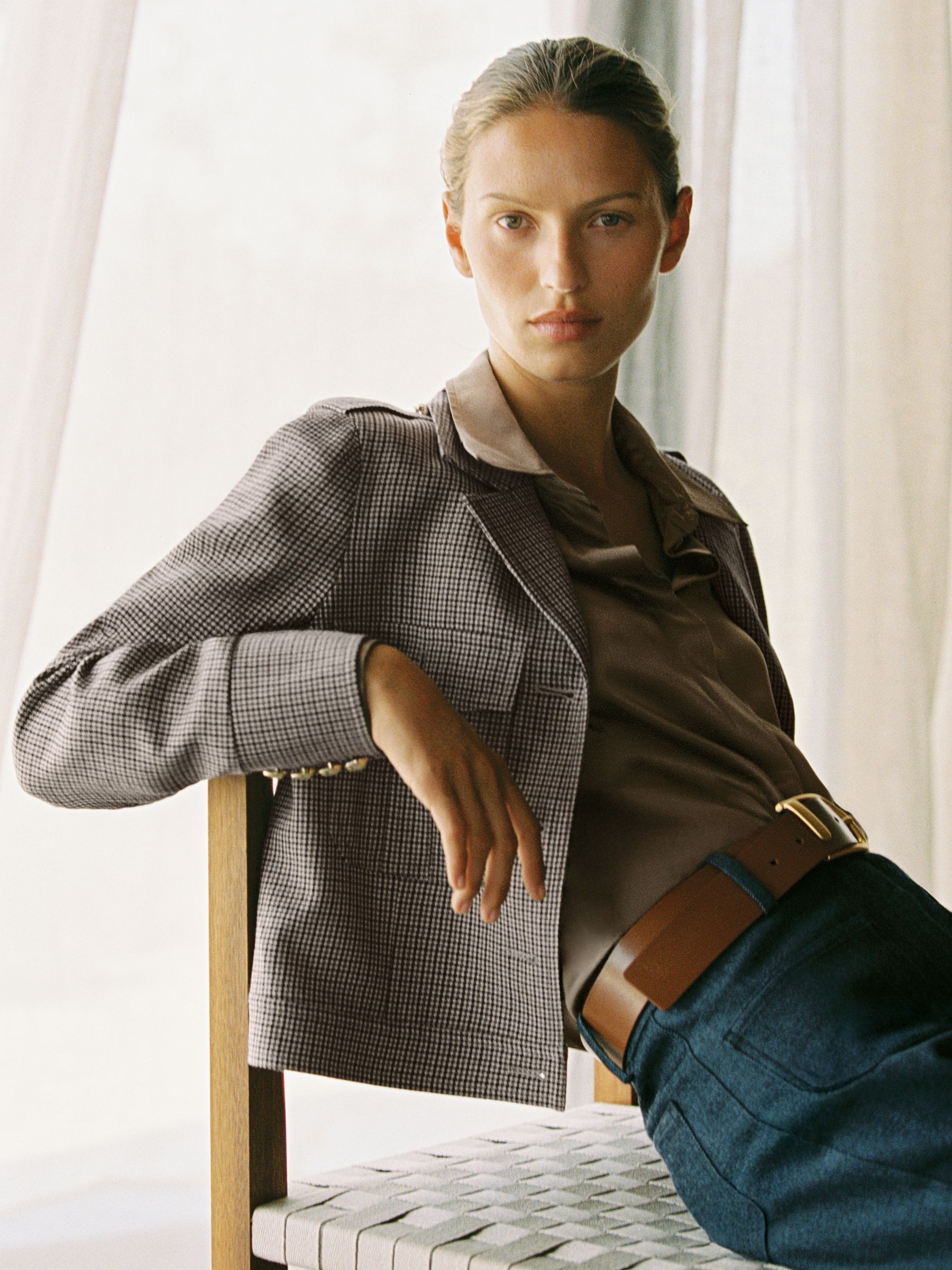 Wool Twin-Pocket Cropped Jacket in Neutral Check