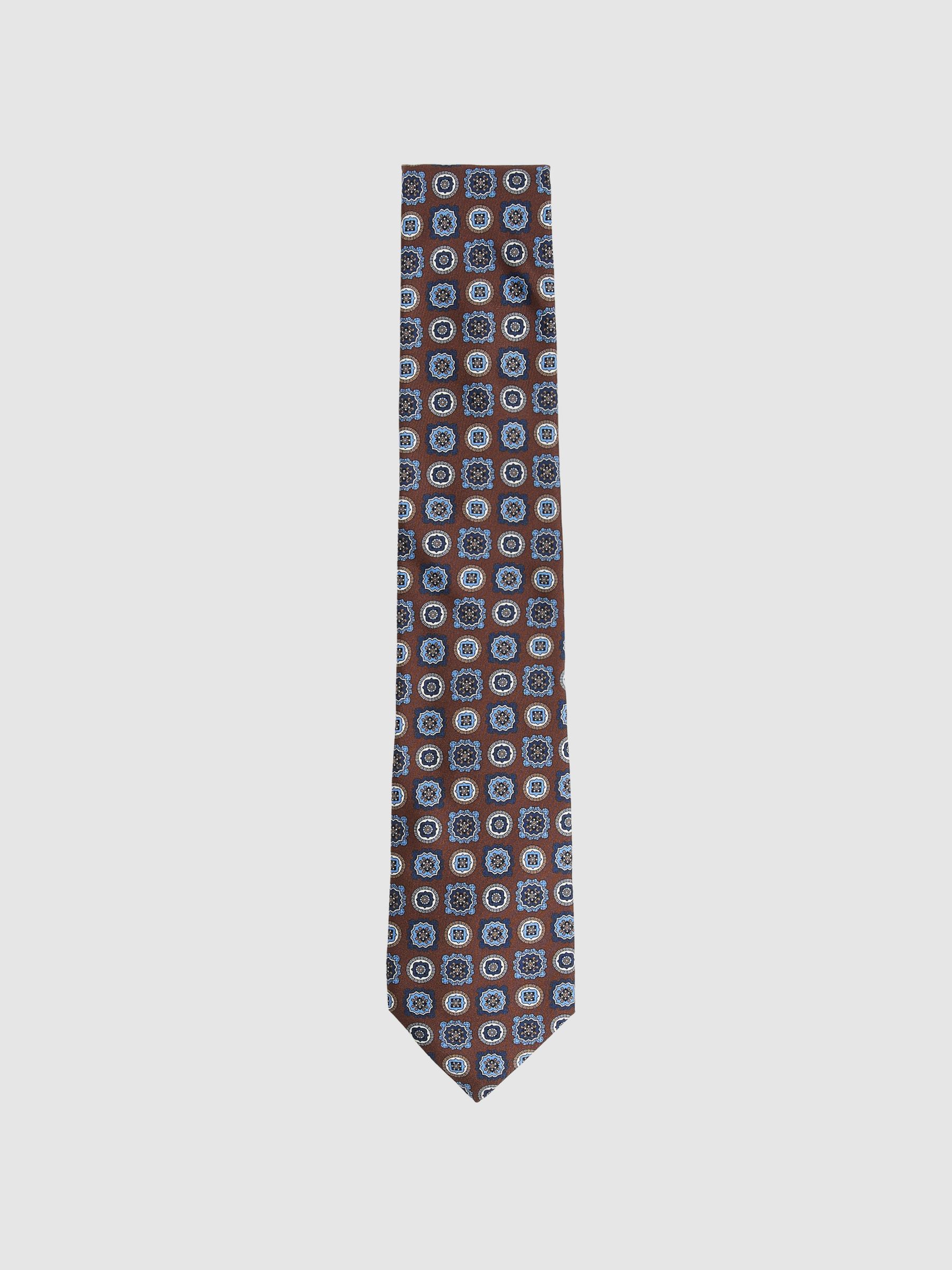 Silk Foulard Medallion Print Tie in Chocolate Brown