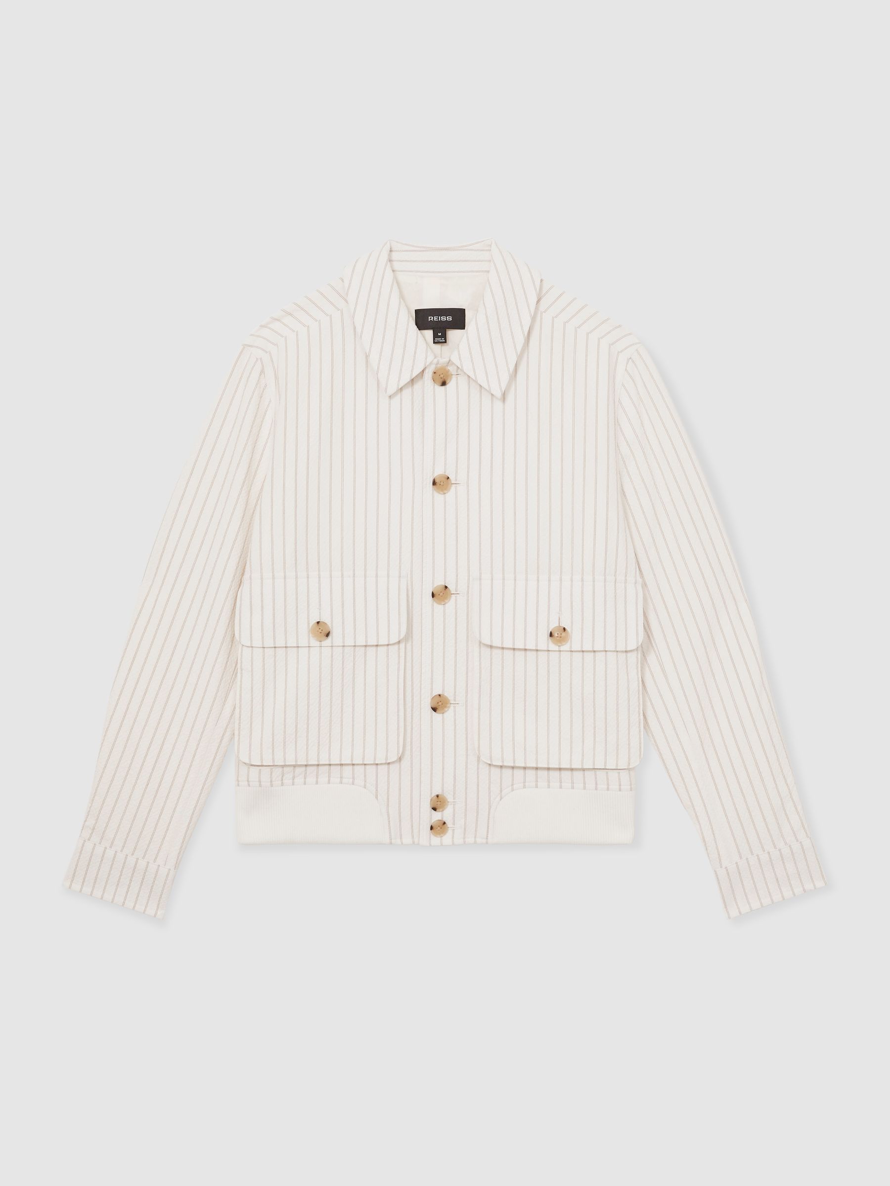 Cotton-Blend Pinstripe Harrington Jacket in Off White/Taupe Brown
