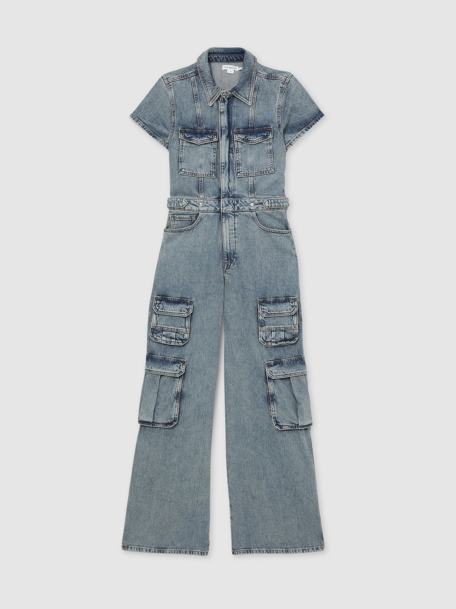 Good American Denim Cargo Jumpsuit in Indigo