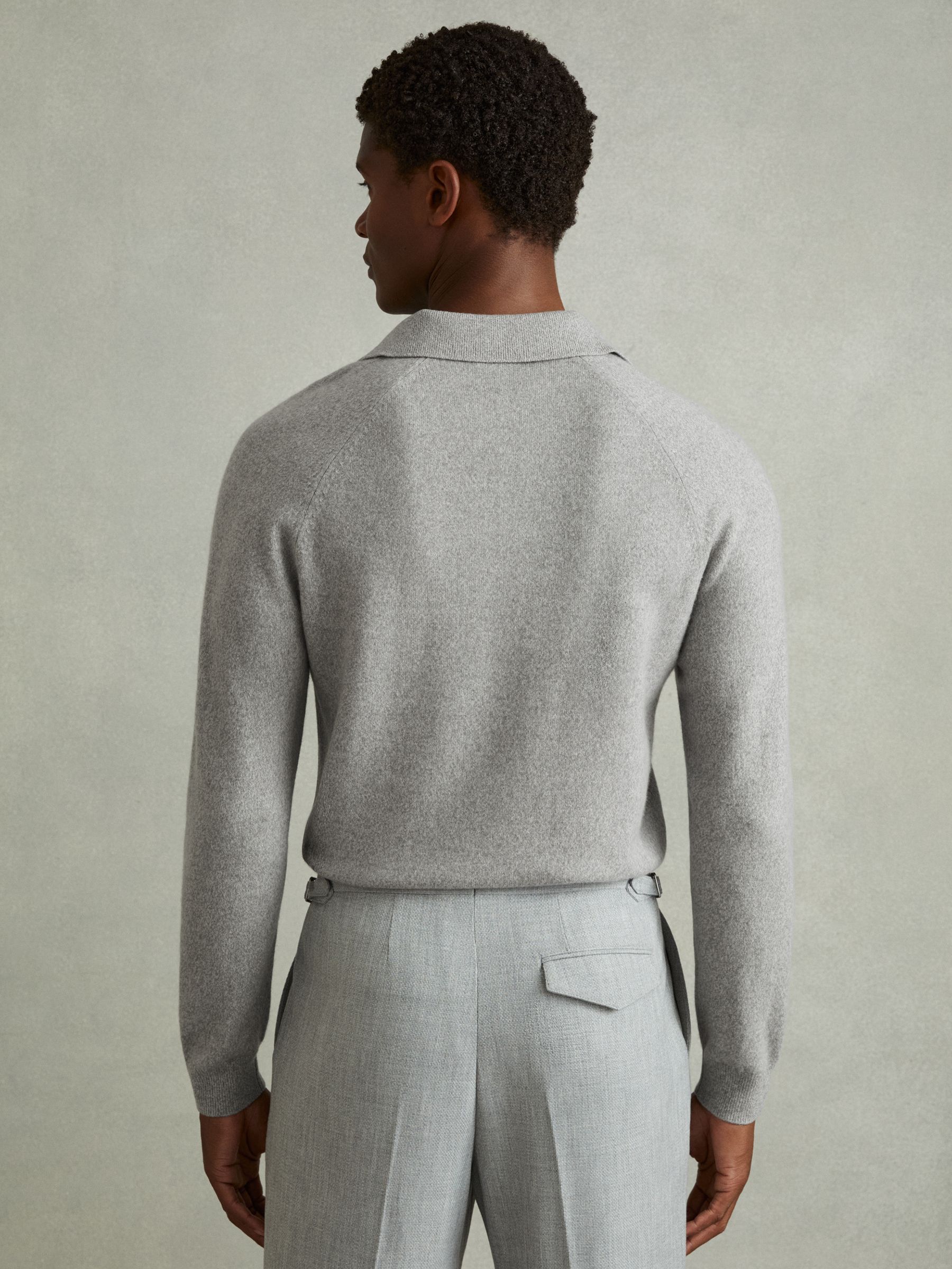 Wool-Cashmere Open-Collar Polo Shirt in Soft Grey Melange