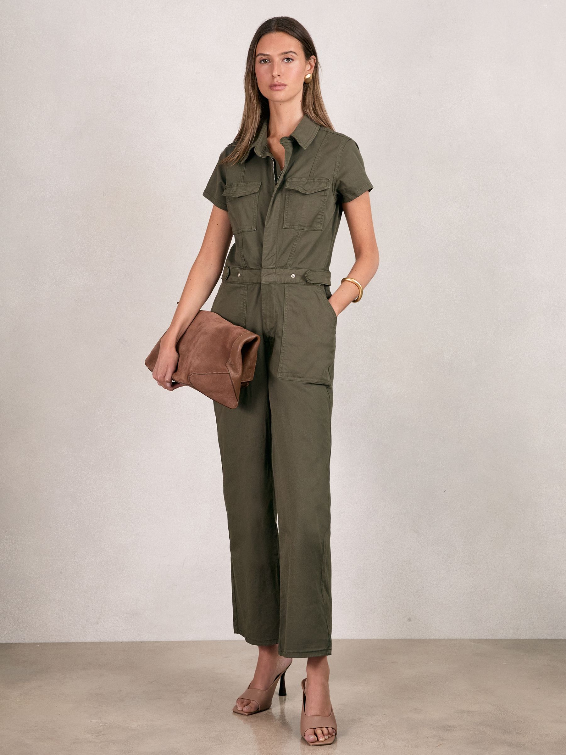 Good American Cotton Twill Jumpsuit with Stretch in Khaki