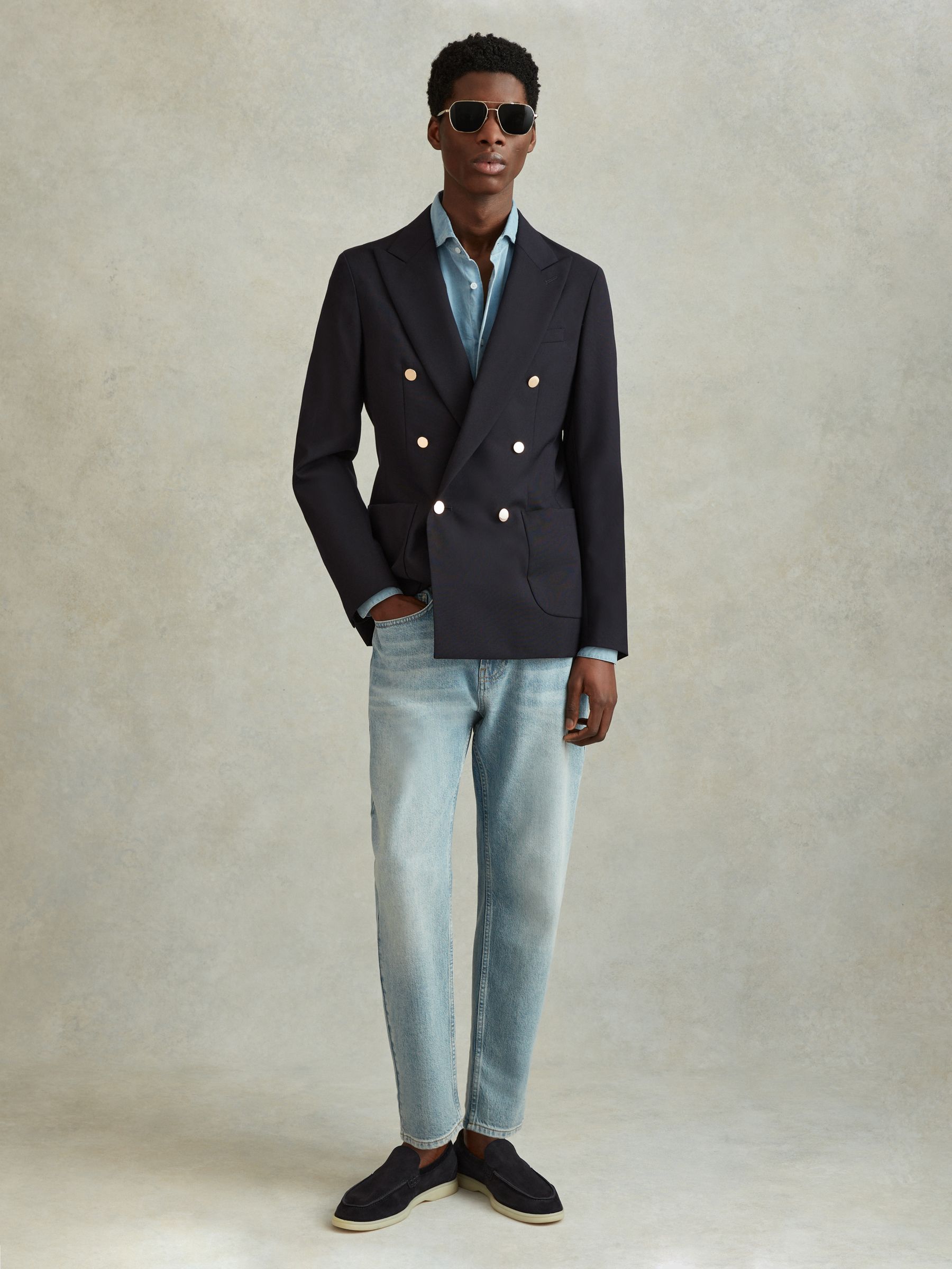 Slim Fit Wool Double Breasted Blazer in Dark Navy