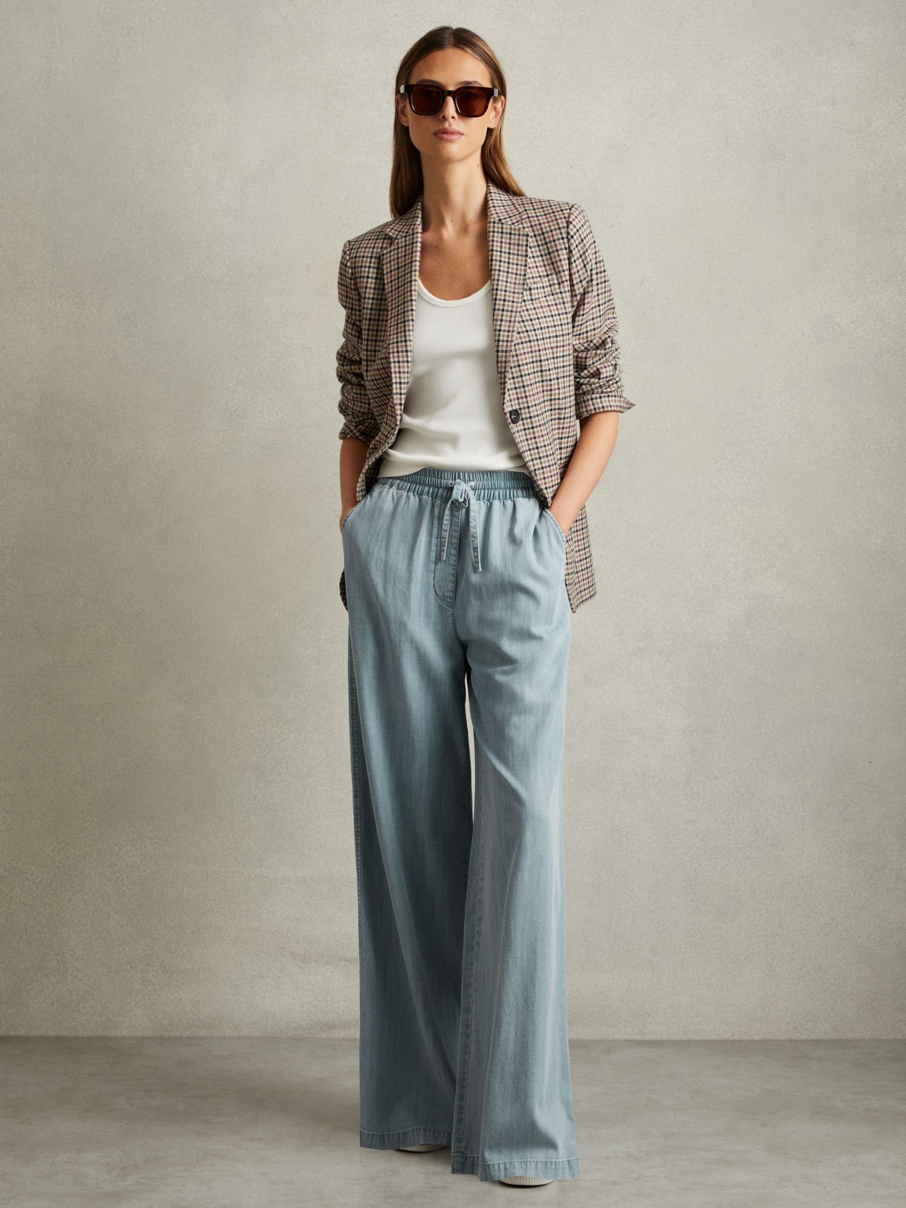 Denim Look Wide Leg Trousers in Light Blue
