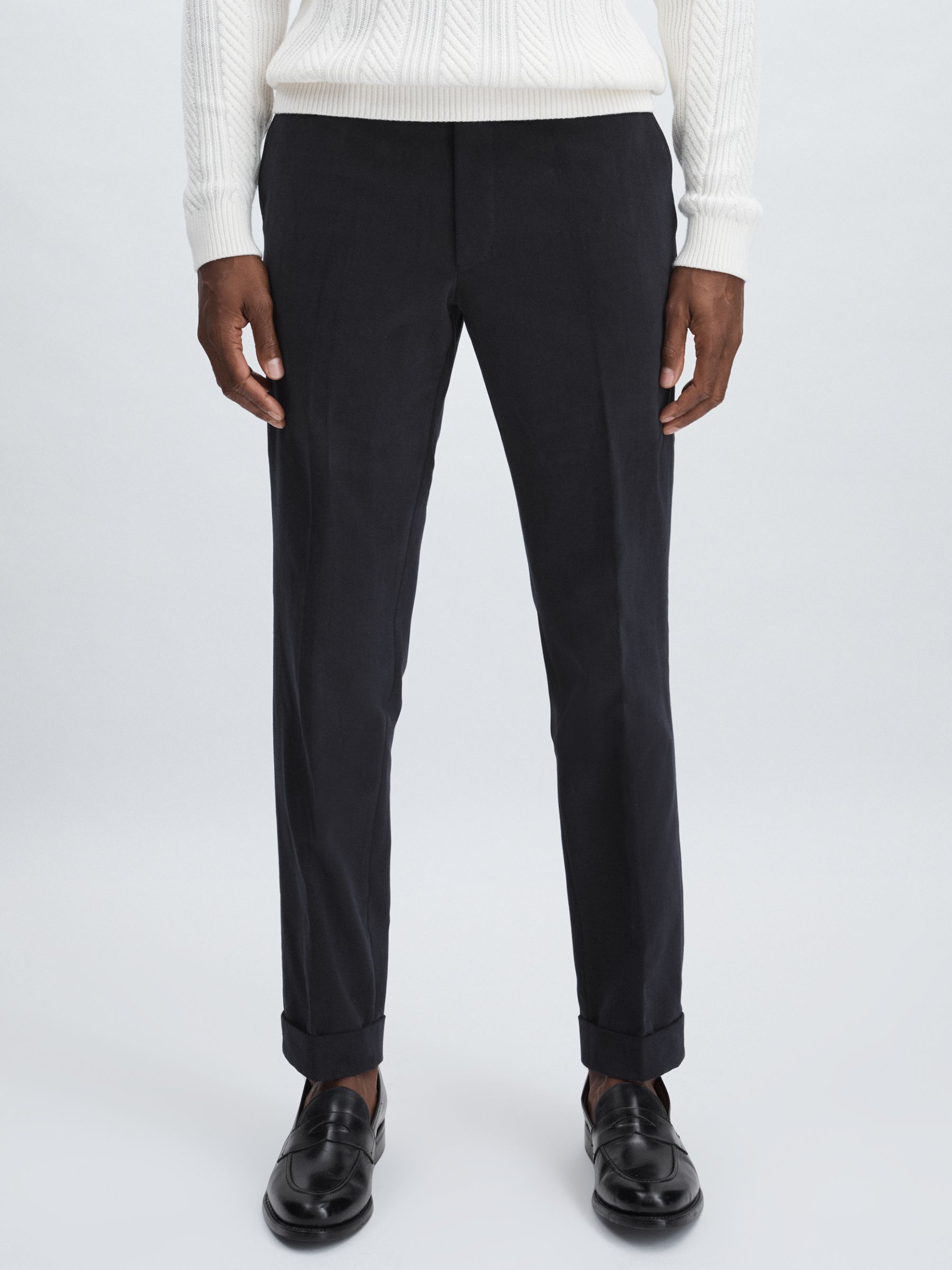 Oscar Jacobson Slim Fit 100% Cotton Turn-Up Trousers in Navy