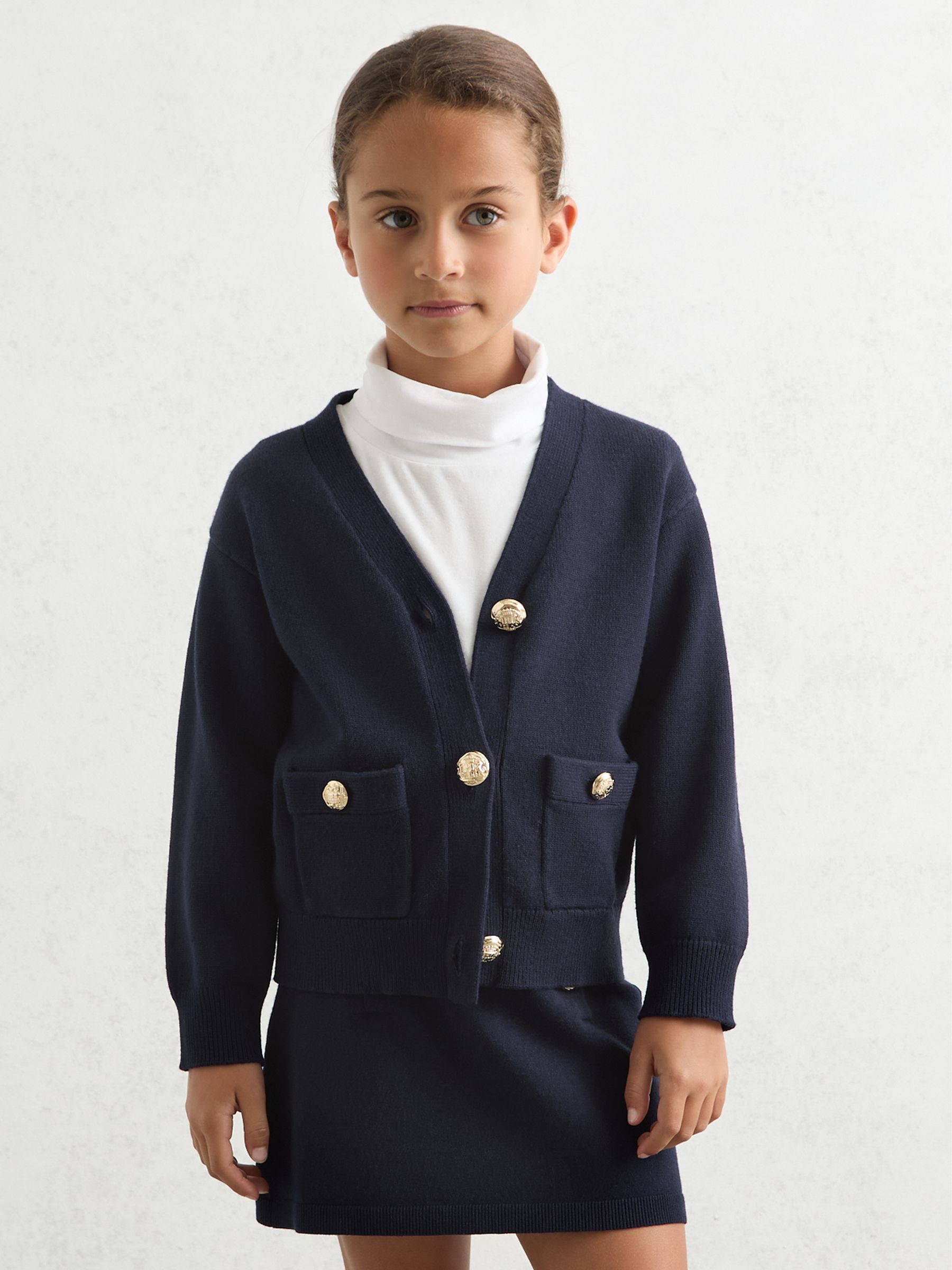 9-13 yrs Knitted Embossed-Button Cardigan in Navy