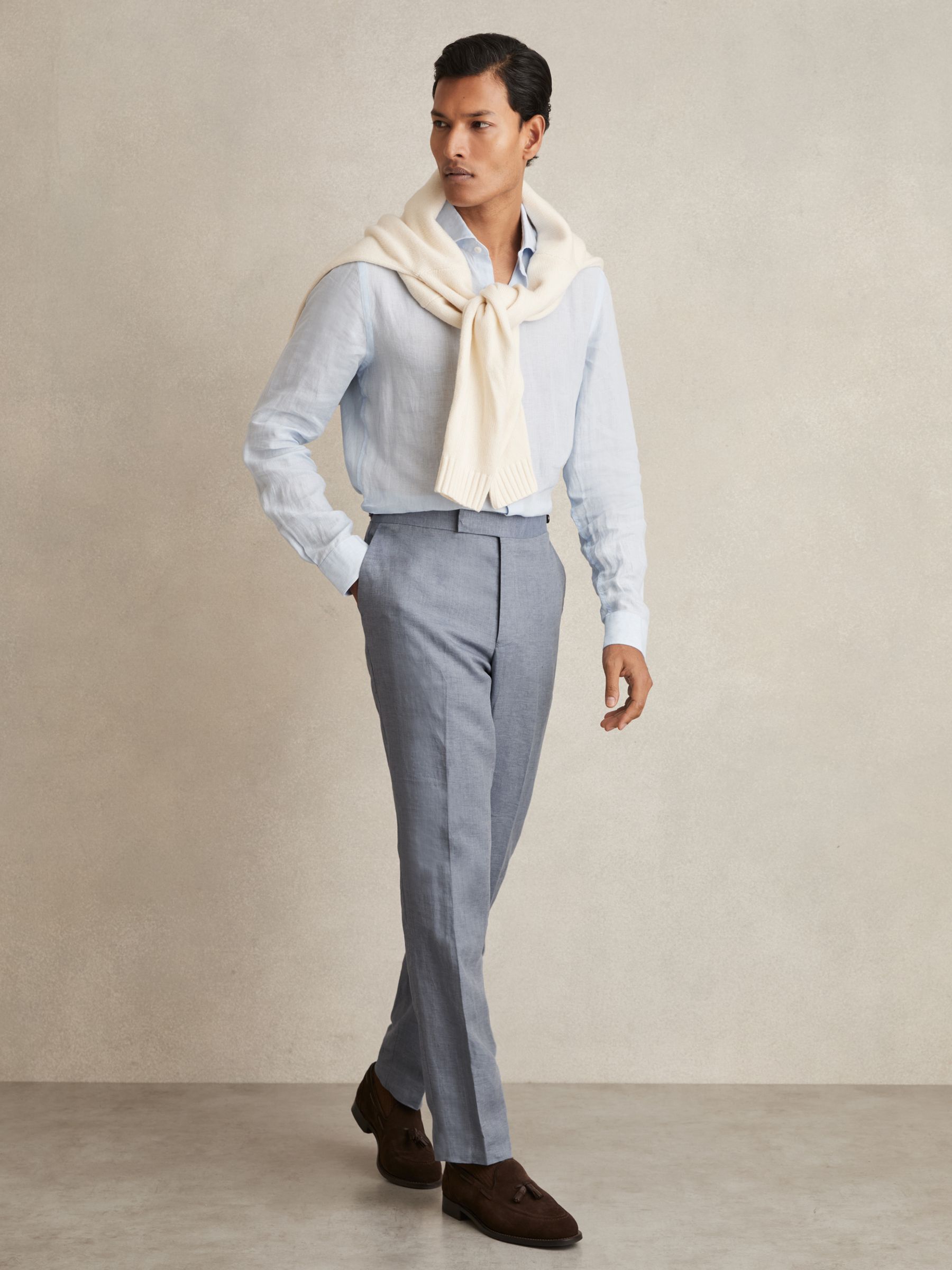 Linen Slim-Fit Suit Trousers in Airforce Blue