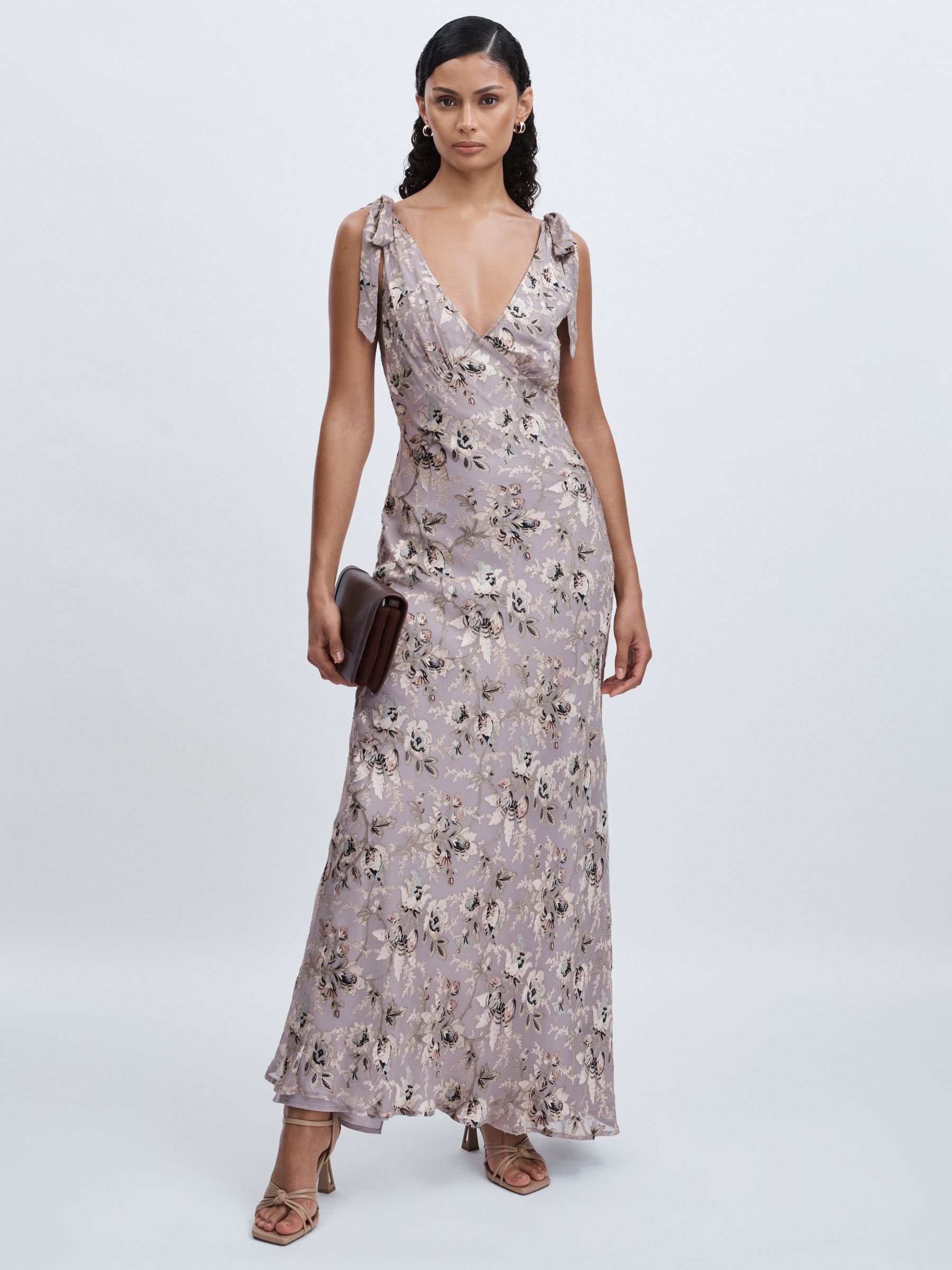 Paige Satin Floral Maxi Dress With Silk in Pewter Multi