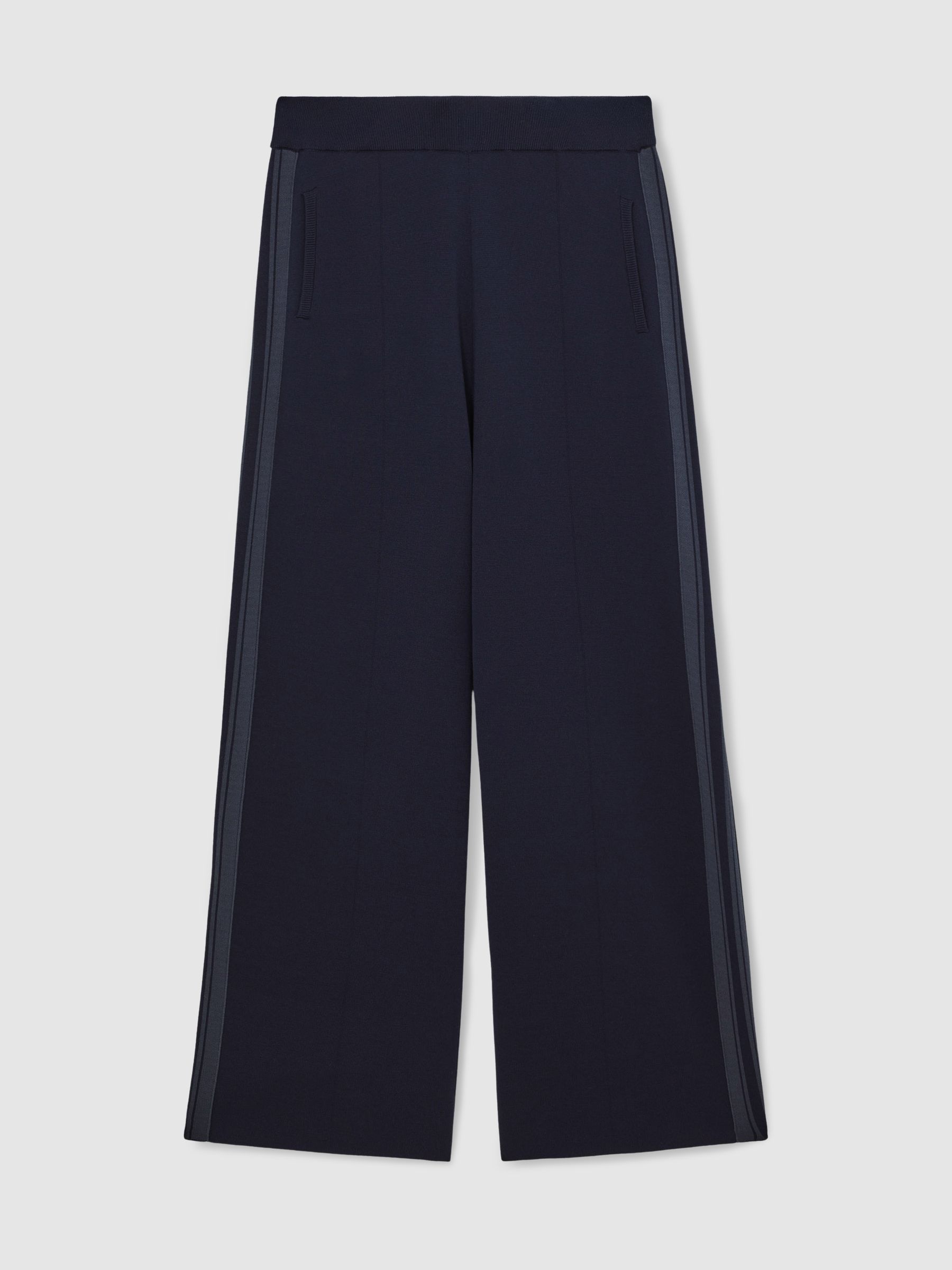 Petite Knitted Side-Stripe Wide-Leg Trousers in Navy
