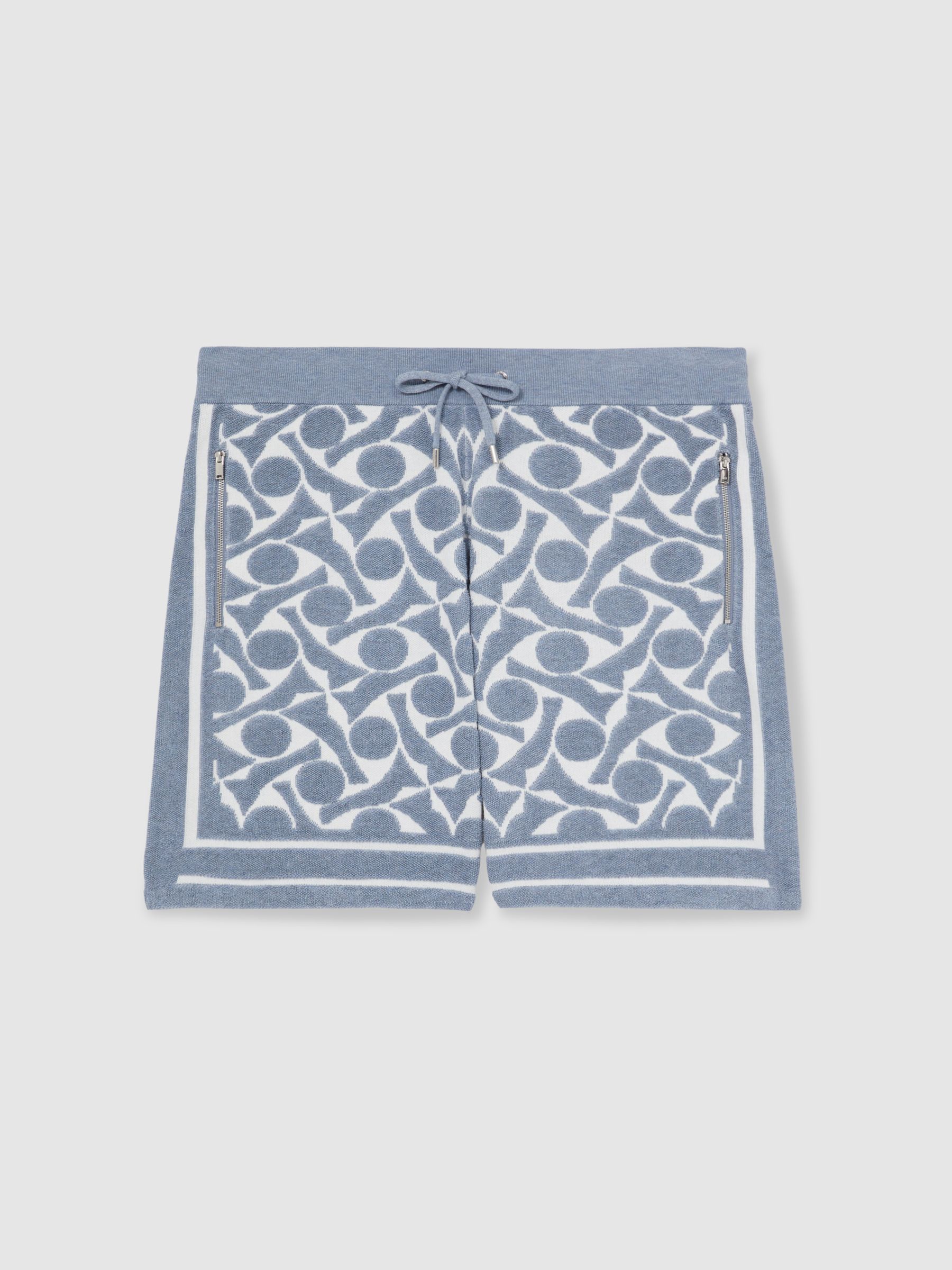 Abstract-Pattern Towelling Shorts in Soft Blue/White