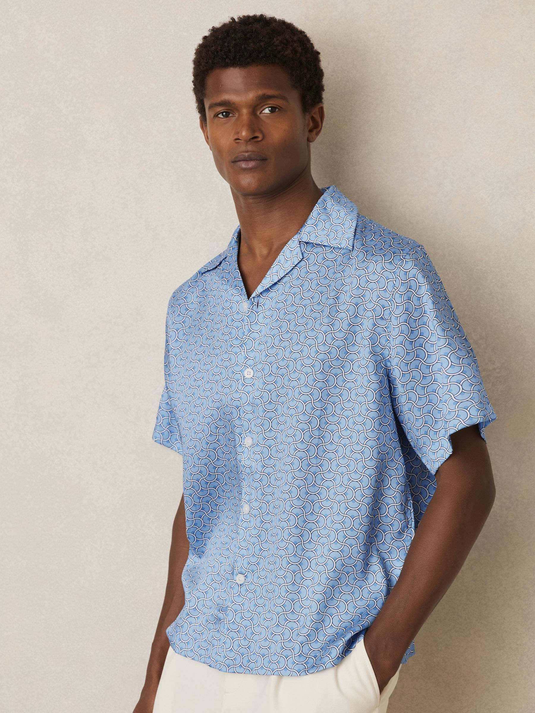 Geometric Wave Print Cuban Shirt in Soft Blue