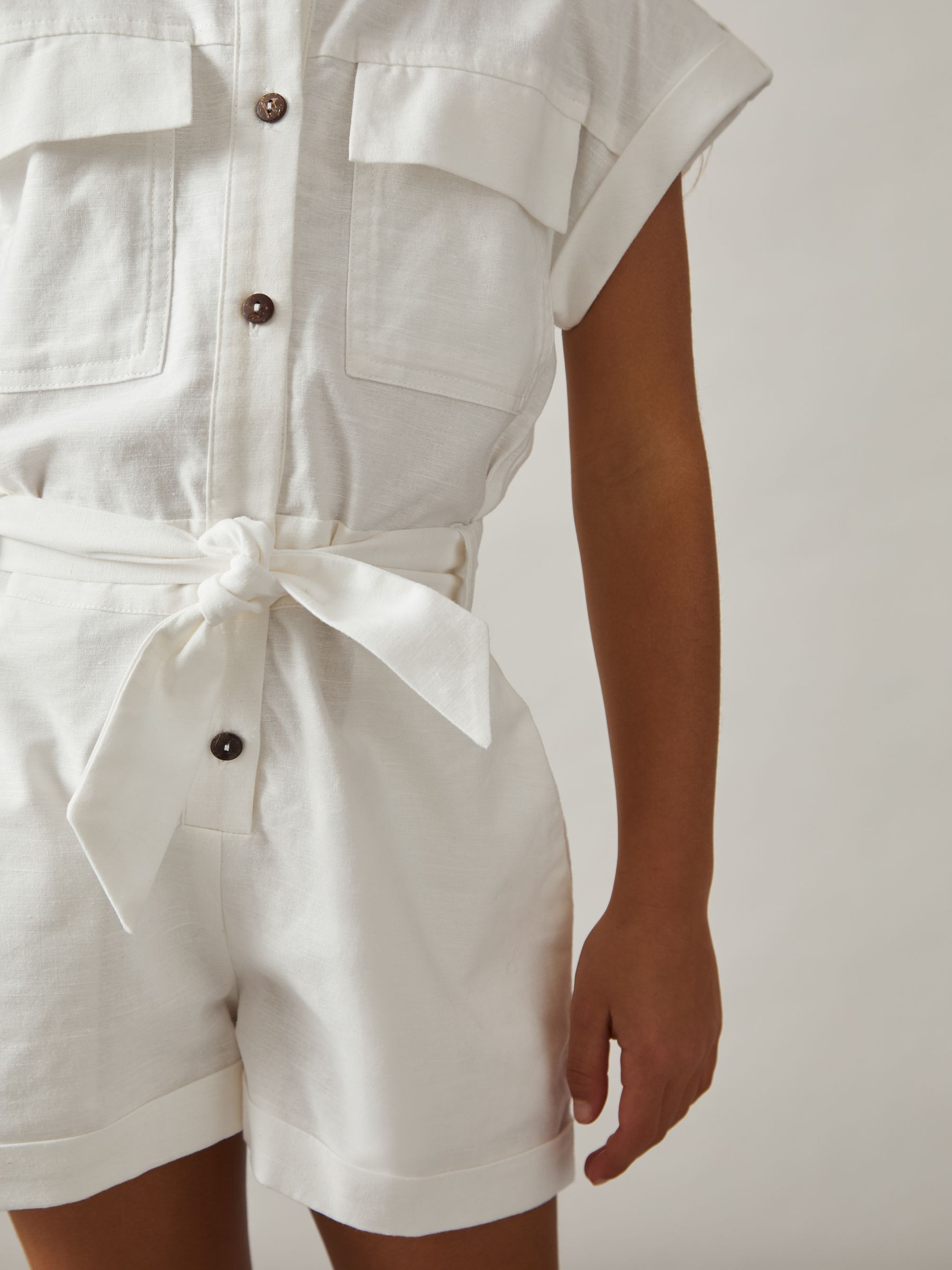 9-13 yrs Cotton-Linen Belted Playsuit in Ivory