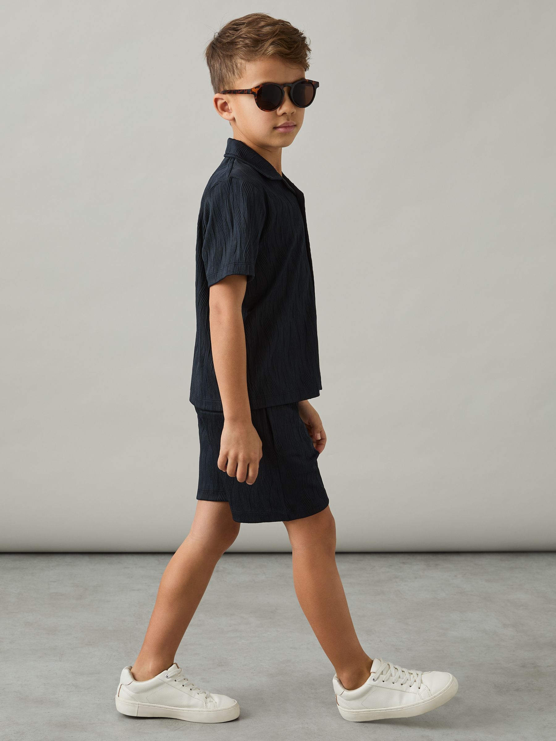 9-13 yrs Wave Jacquard Cuban Collar Shirt in Navy