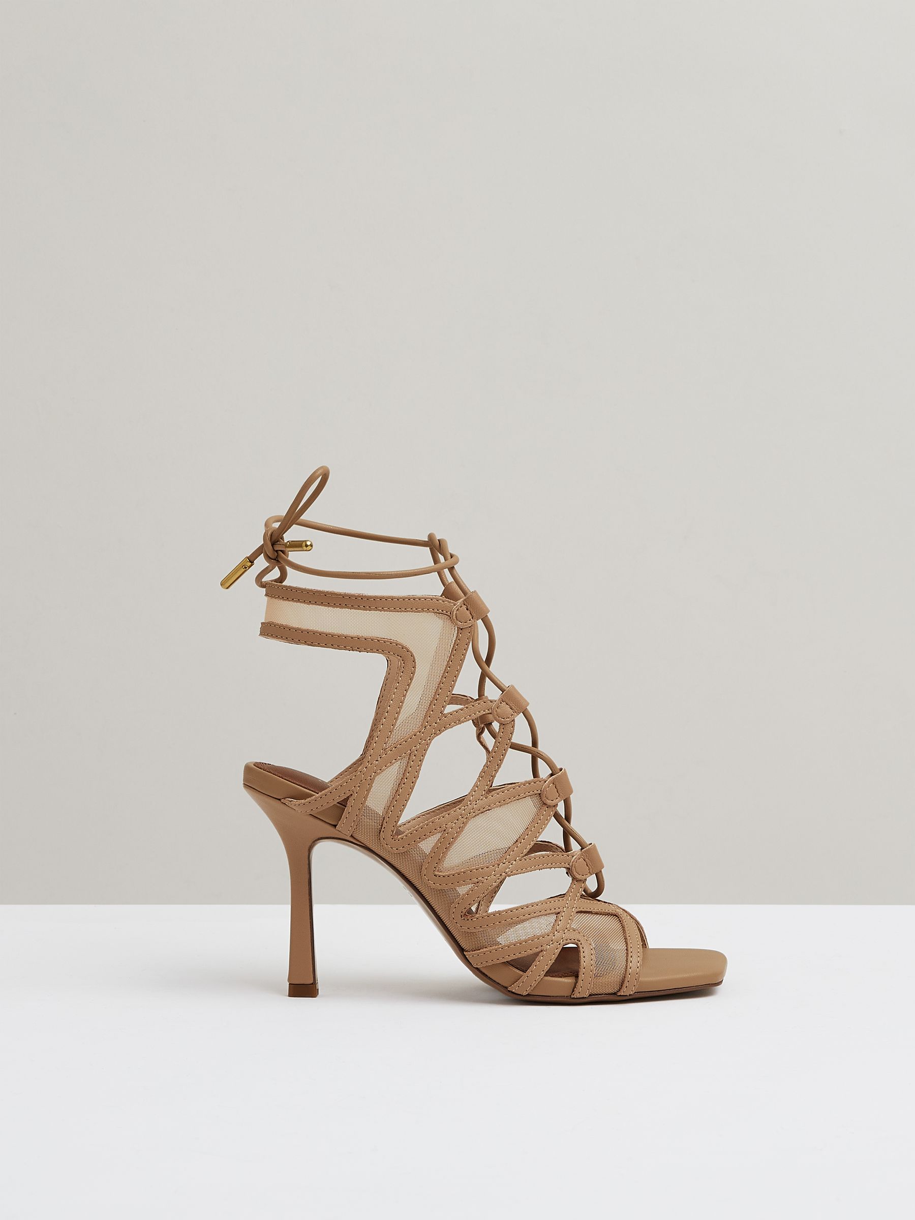 Mesh Leather Strappy Heels in Neutral