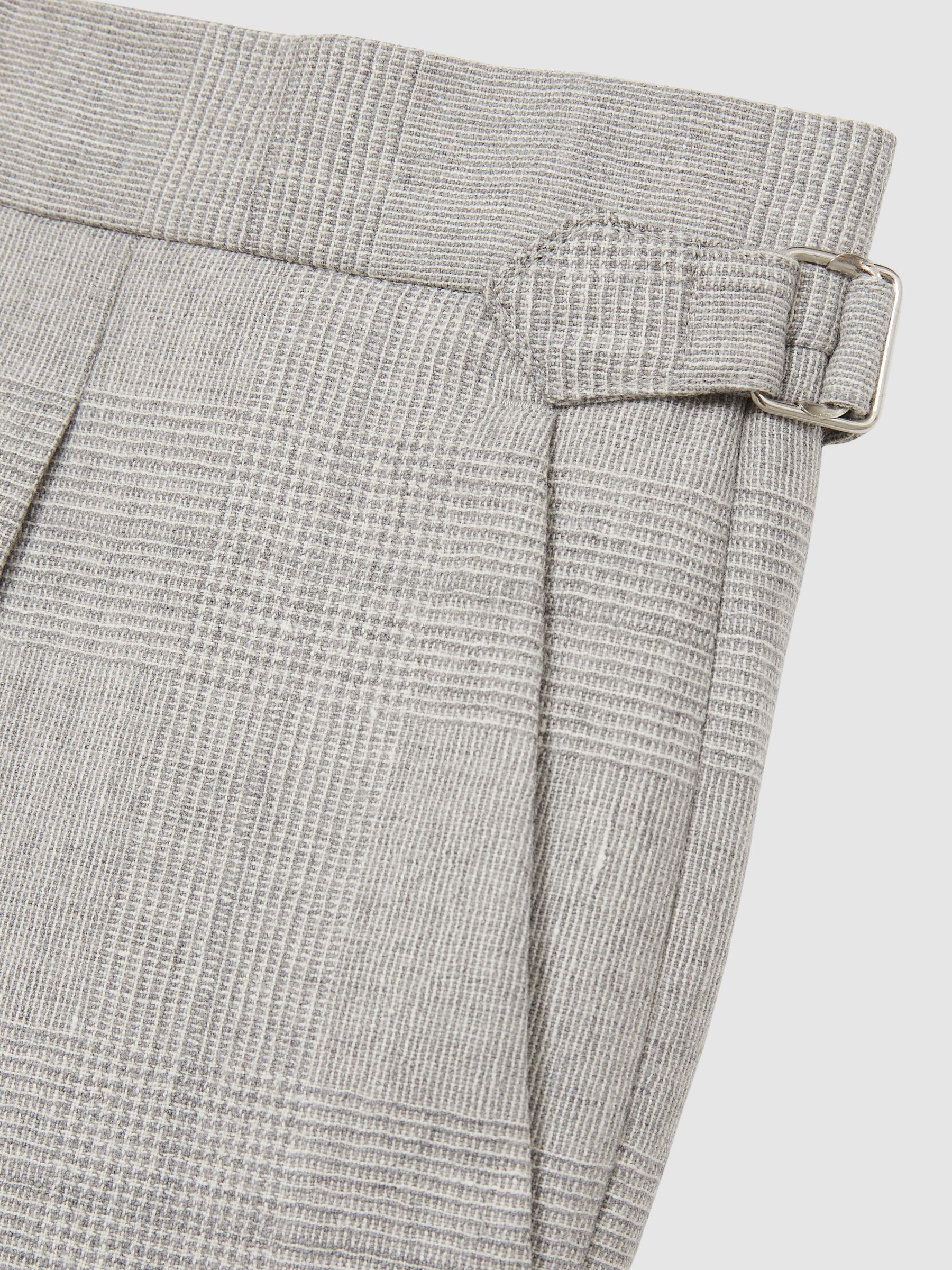 Wool-Linen Check Tapered Trousers in Soft Grey Melange