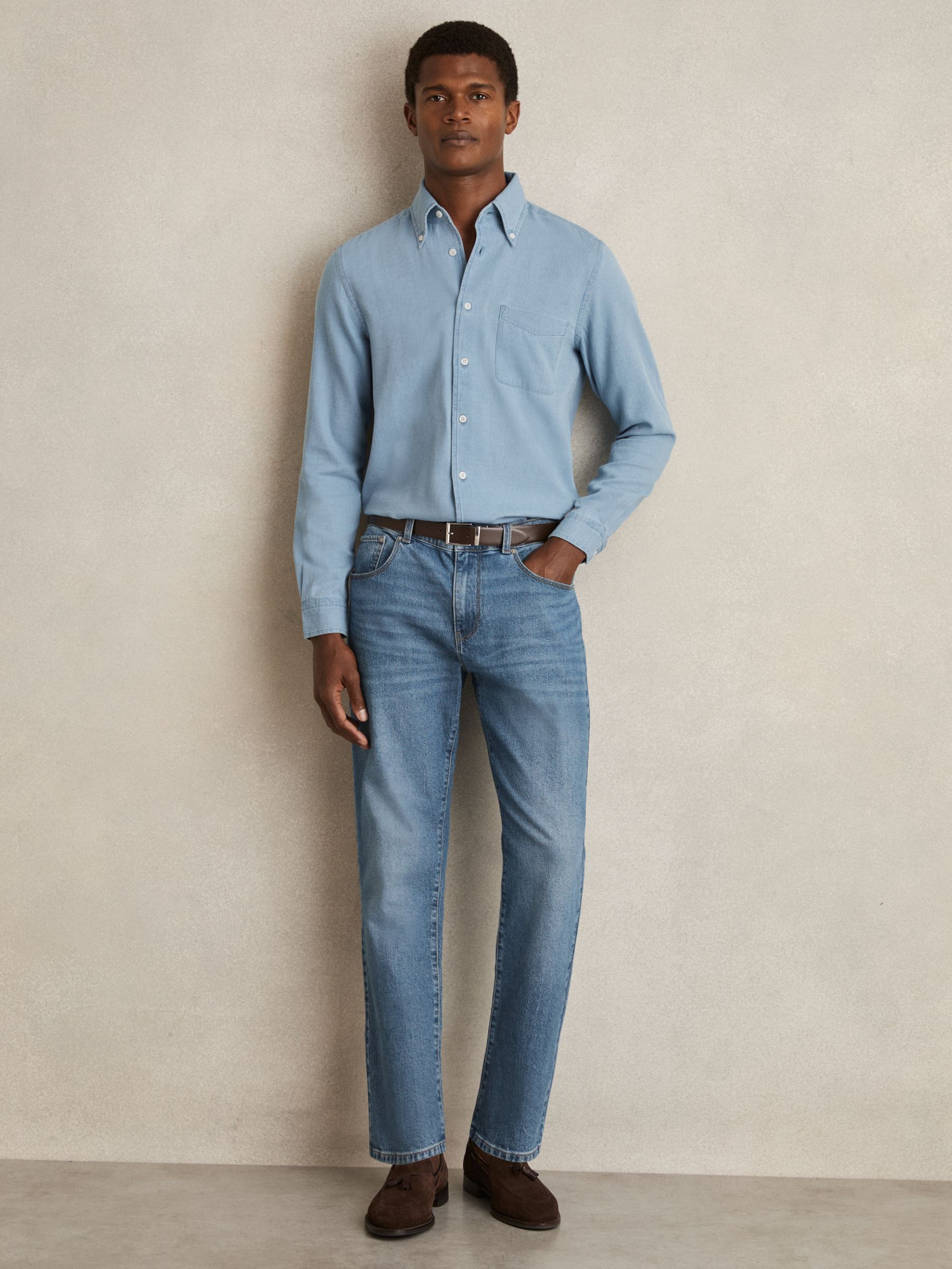 Cotton-Piqué Button-Down Chambray Shirt in Washed Blue