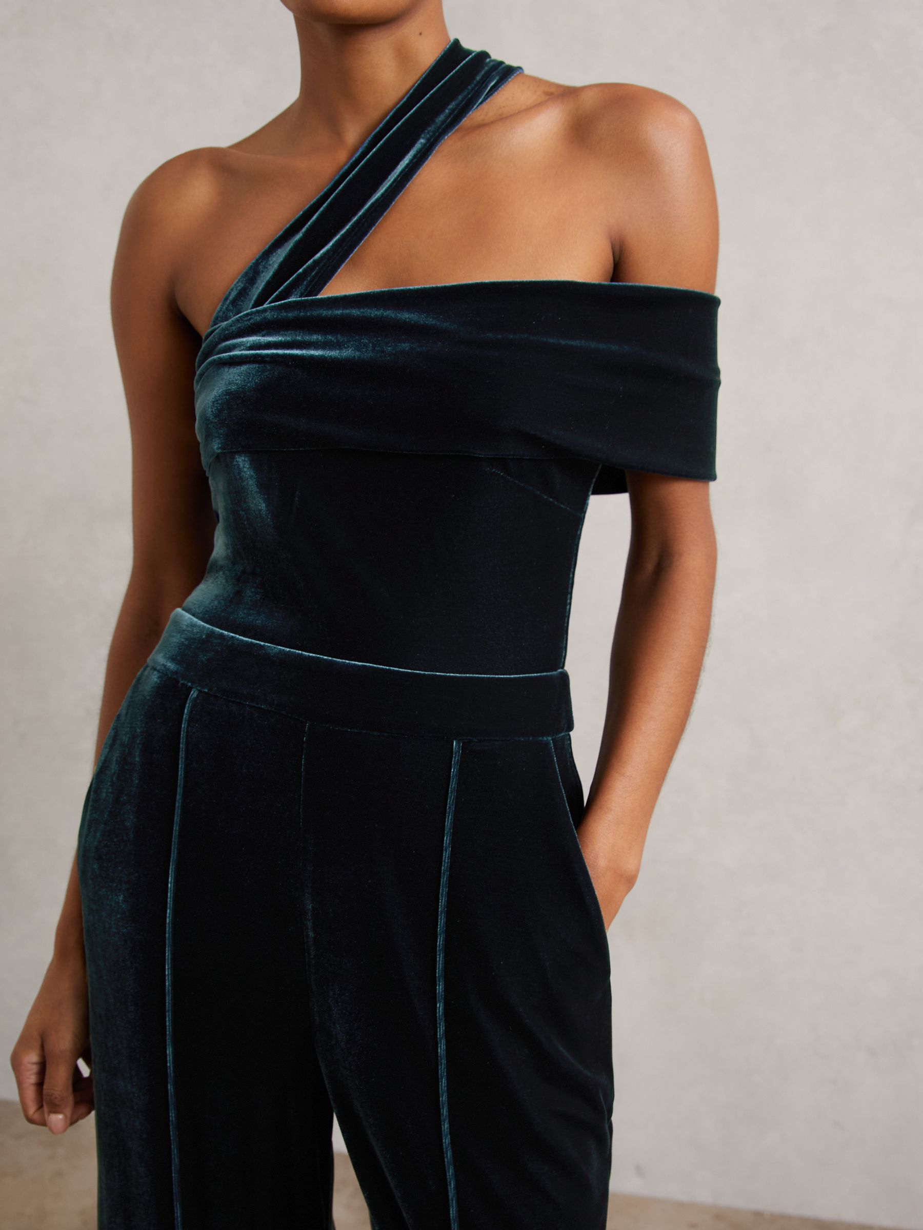 Velvet One-Shoulder Wide-Leg Jumpsuit in Teal Green