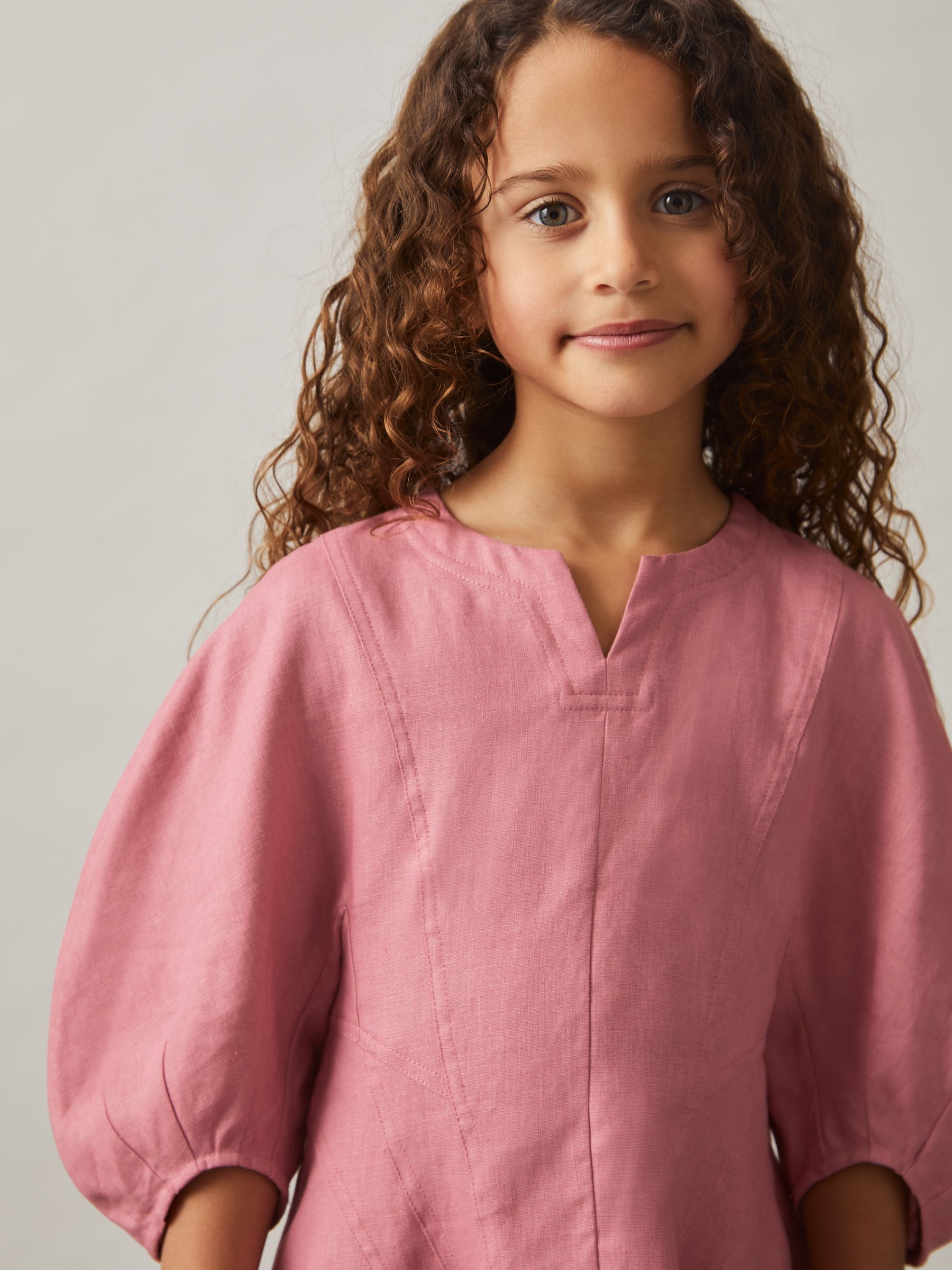 9-13 yrs Linen Balloon-Sleeve Dress in Pink