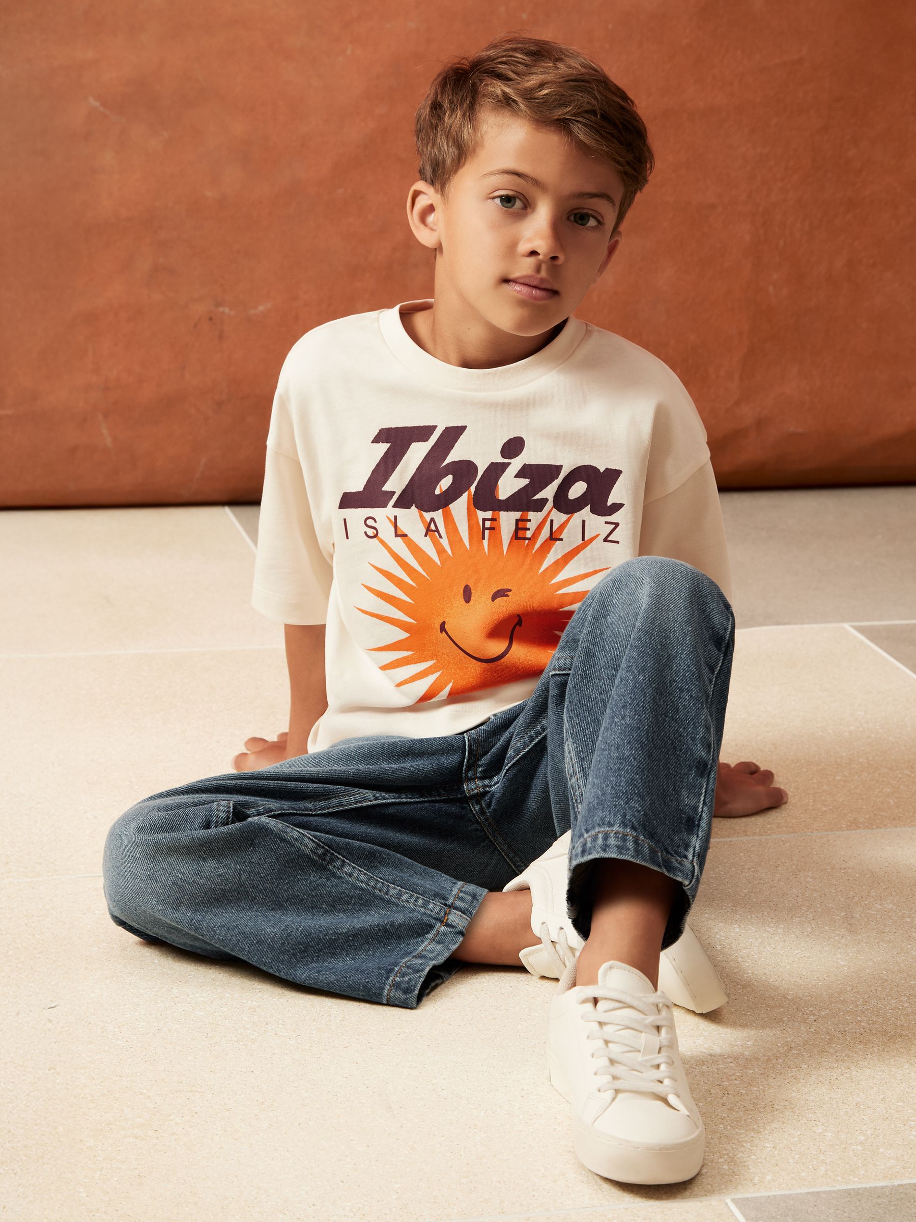 9-13 yrs SmileyWorld | Reiss Sun Motif T-Shirt in Off White
