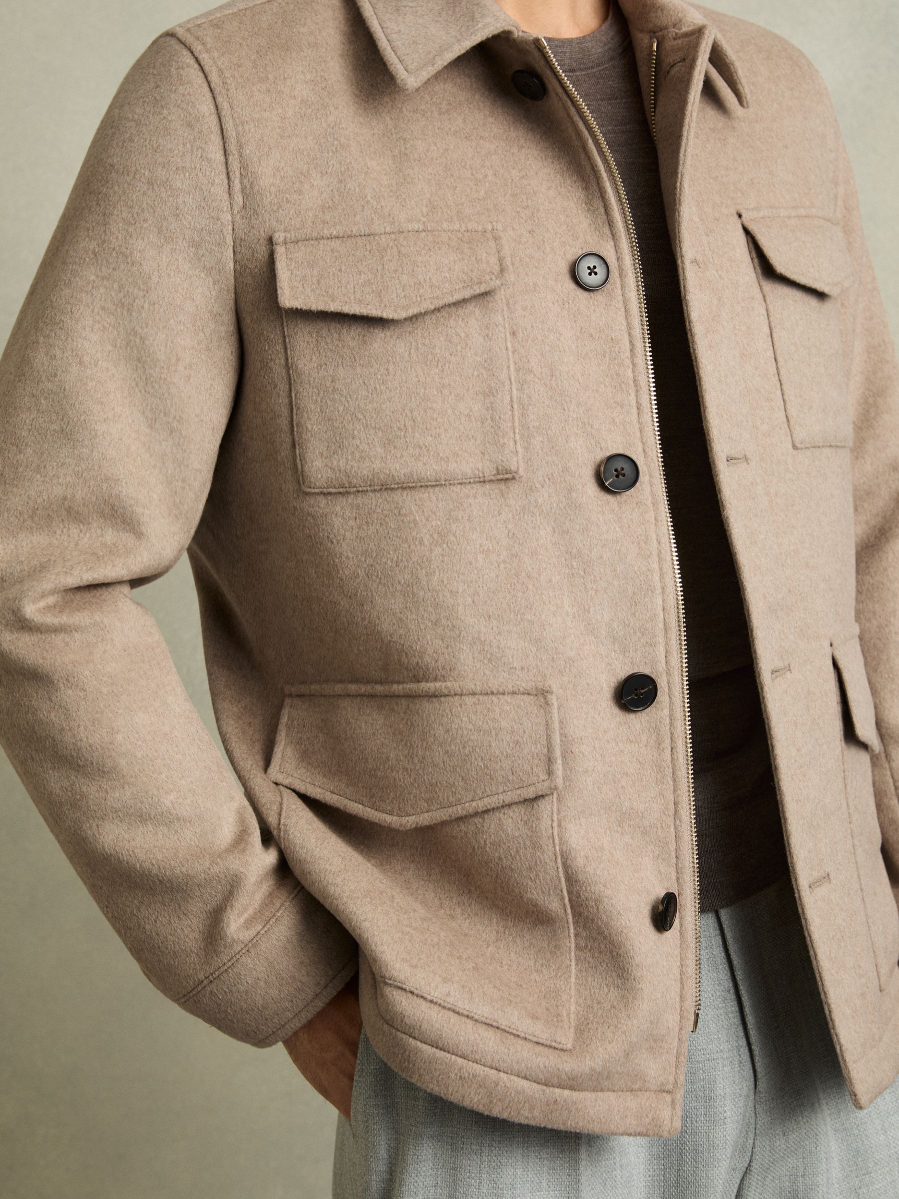 Wool-Blend Zip-Through Four-Pocket Jacket in Oatmeal Melange
