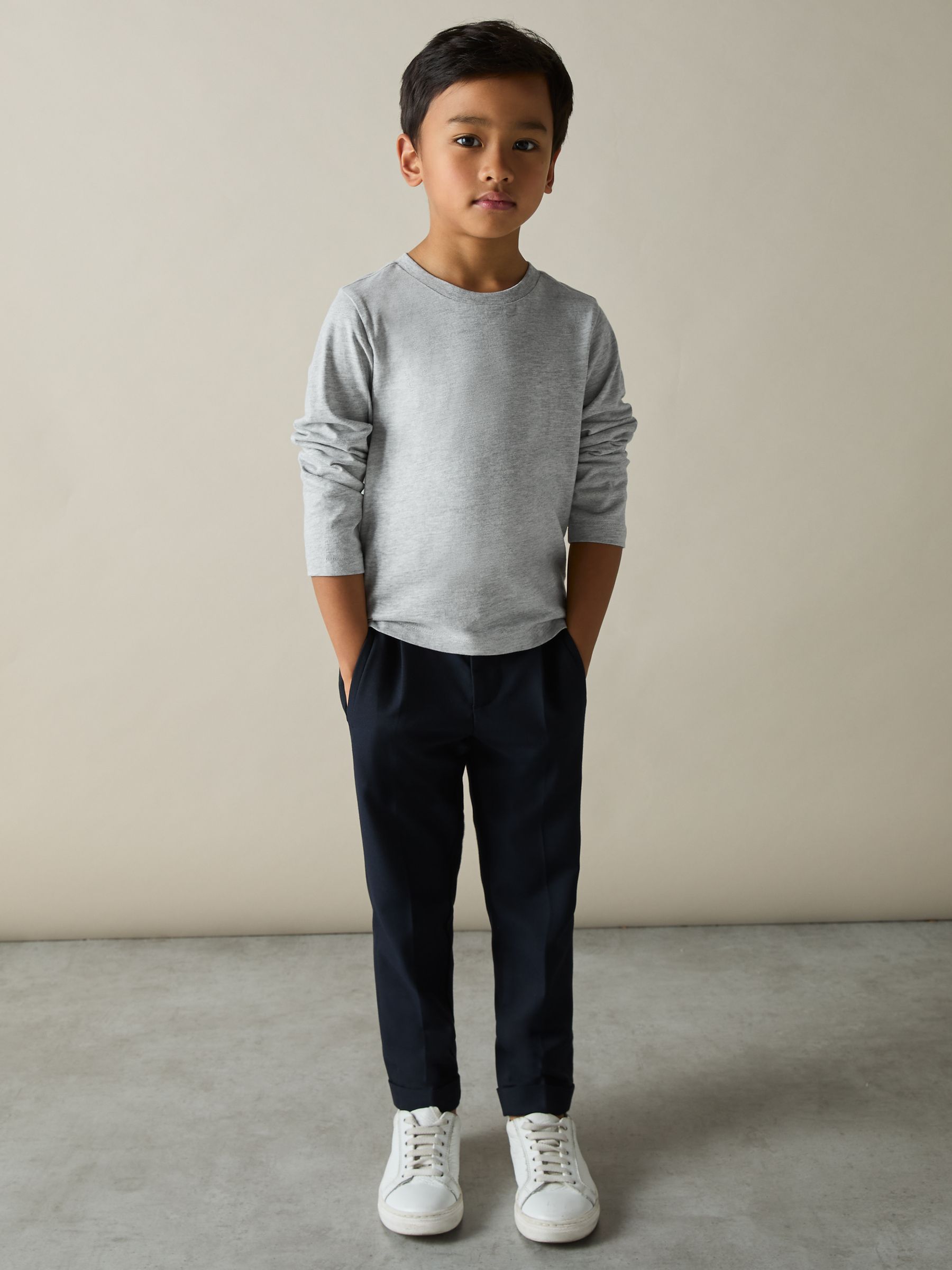 3-9 yrs Cotton Jersey Long Sleeve T-Shirts 3 Pack in White/Soft Grey/Navy