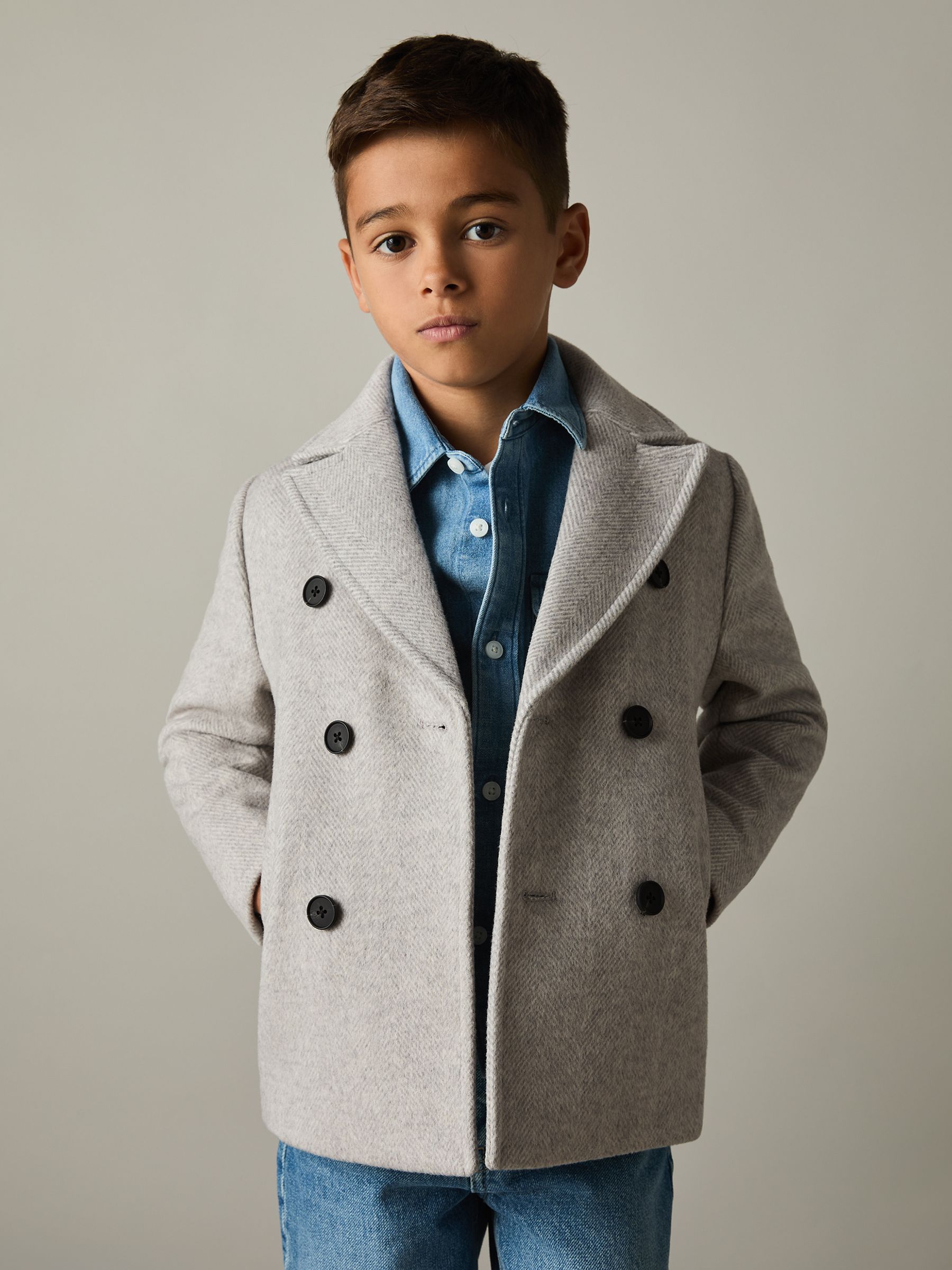 3-9 yrs Wool Blend Twill Double Breasted Coat in Soft Grey Melange