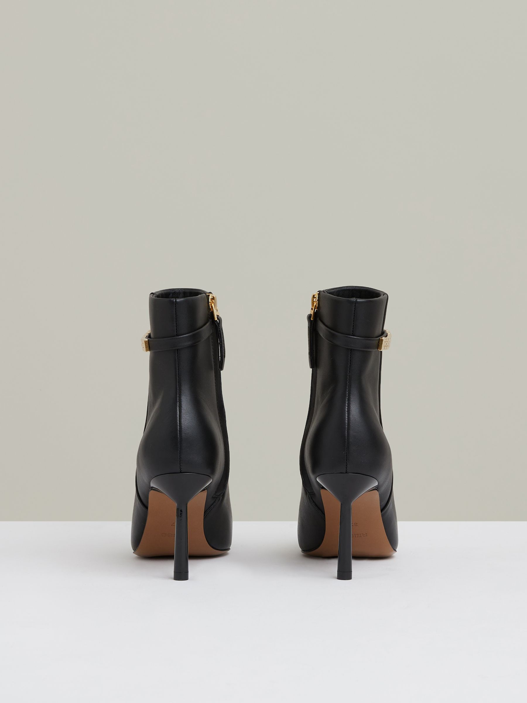 Leather Chain Embellished Ankle Boots in Black