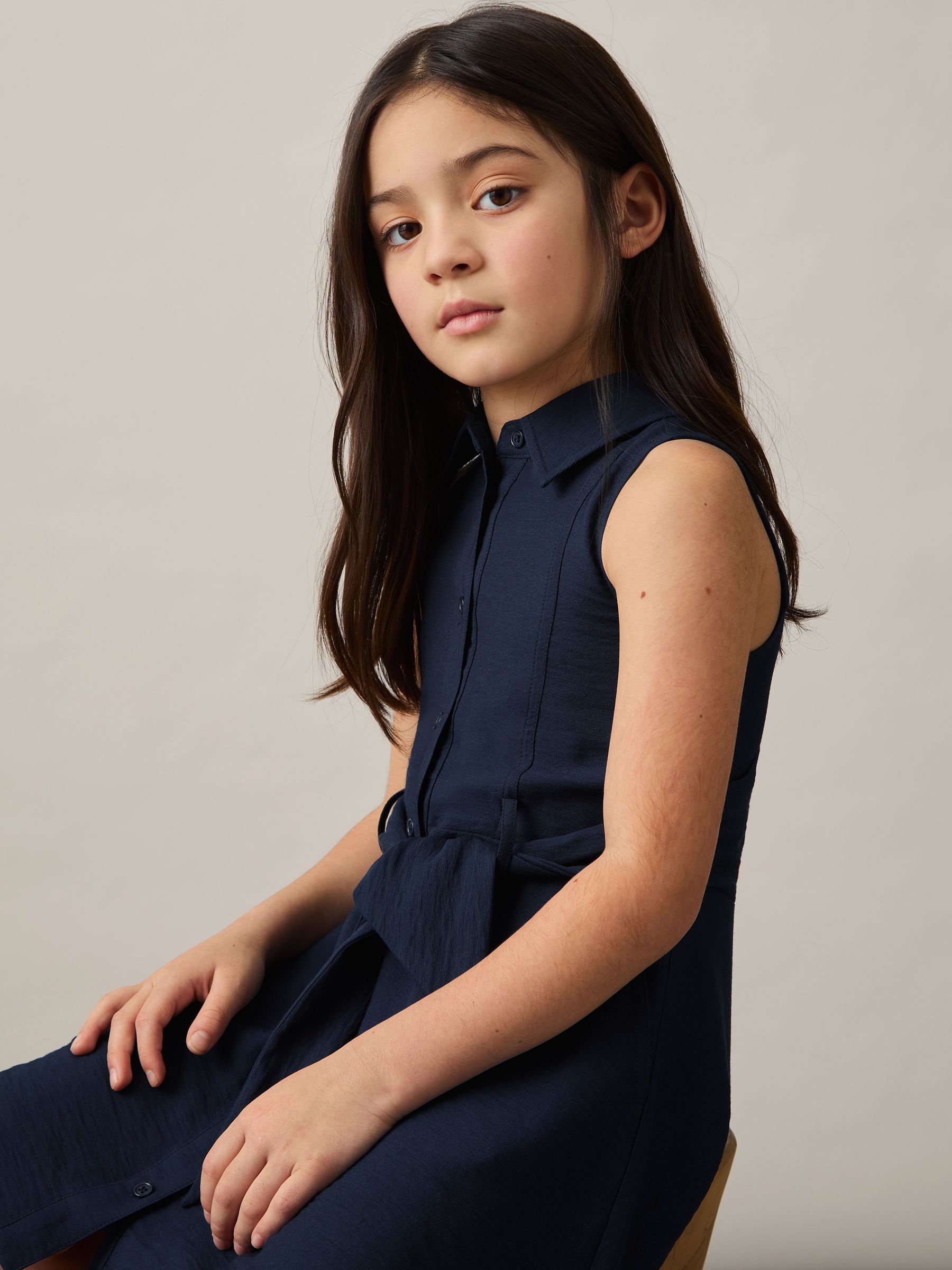 13-14 yrs Tie-Waist Collared Dress in Blue