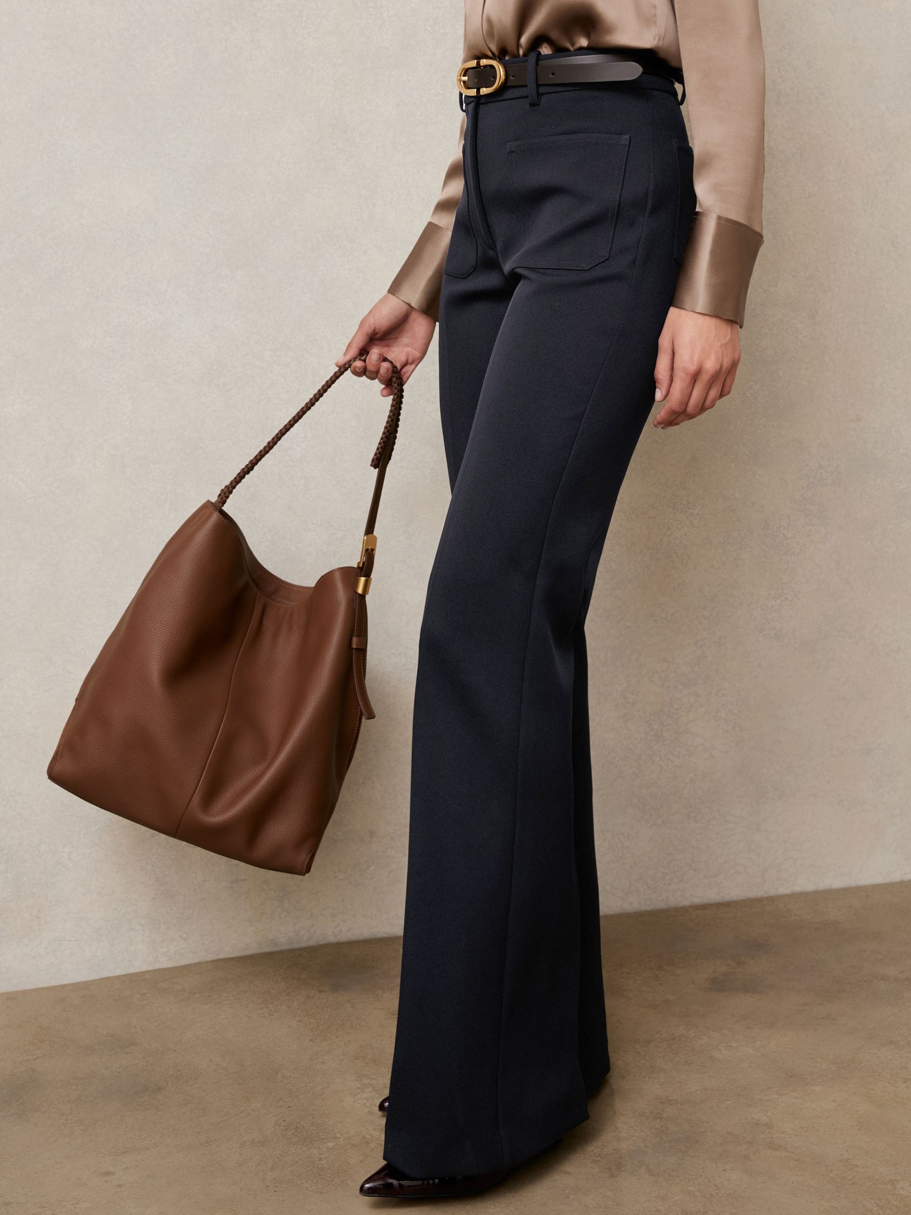 Twill Patch-Pocket Flared Trousers in Navy