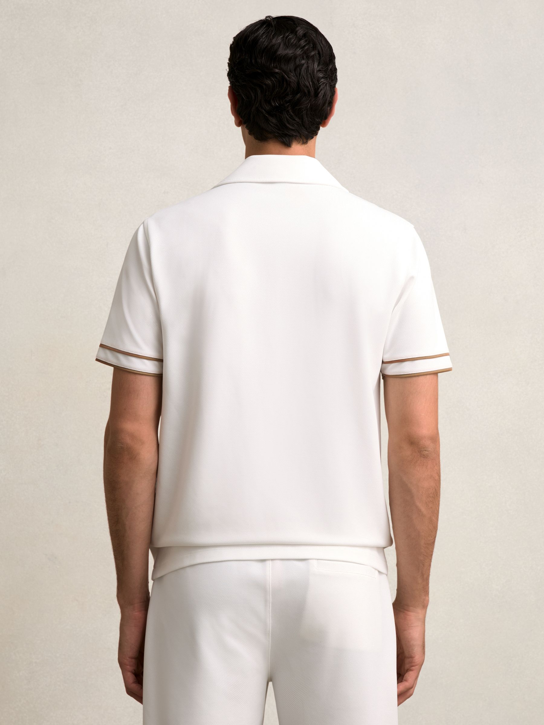 Piped-Stripe Cuban-Collar Shirt in White/Camel