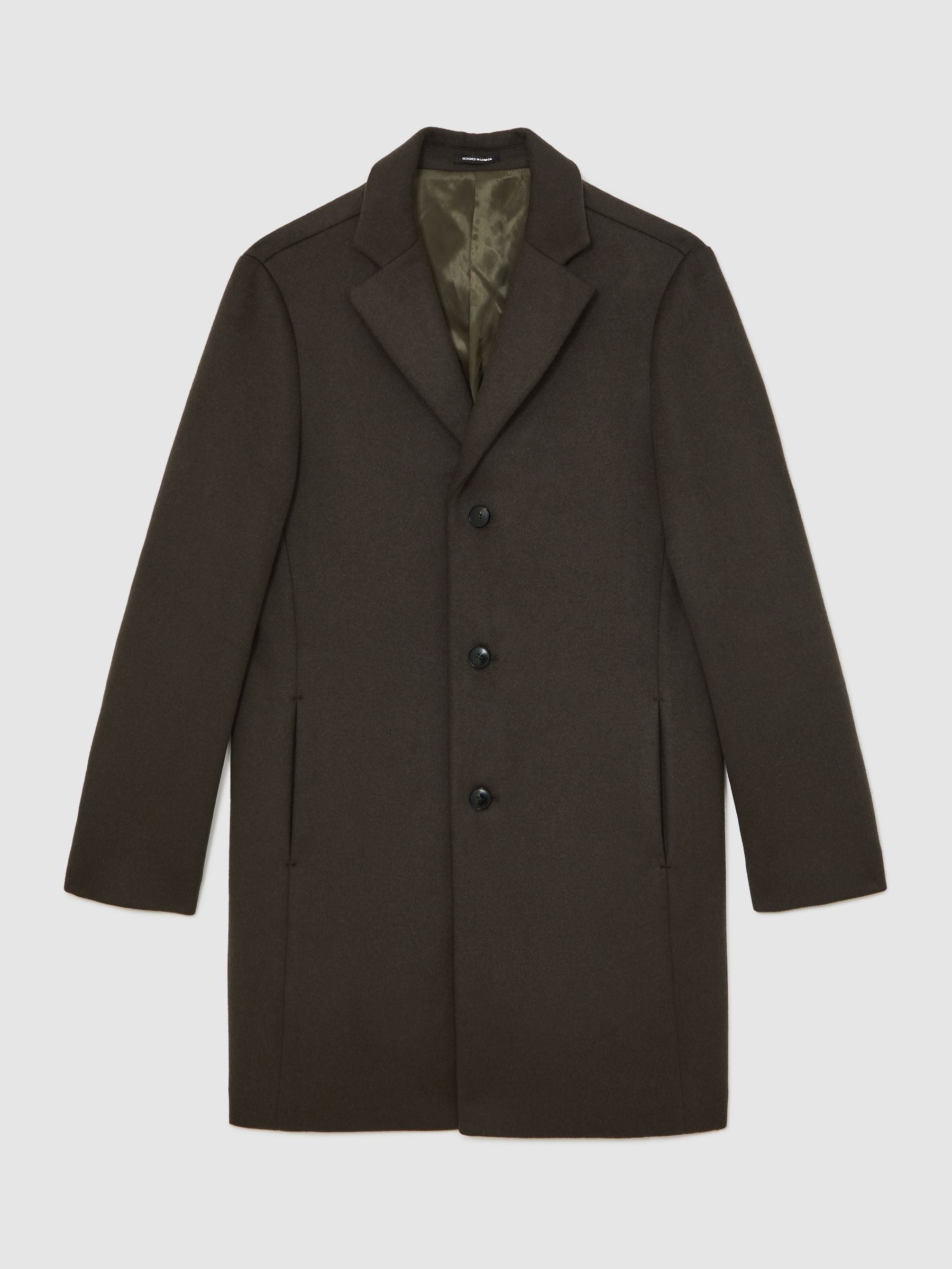 Woo Blend Single-Breasted Overcoat in Dark Khaki Green