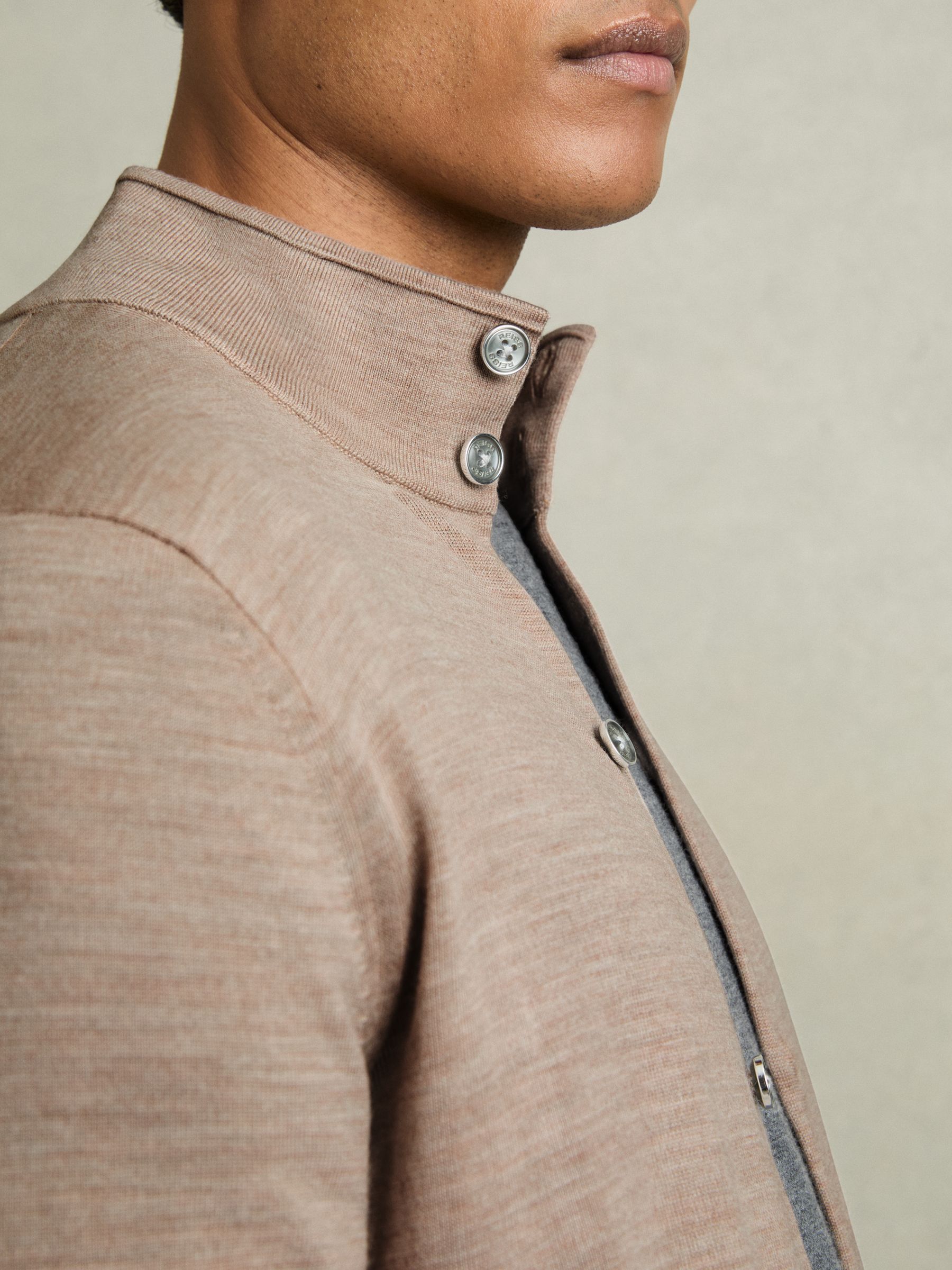 Merino Wool Button-Through Funnel Neck Cardigan in Wheat Melange