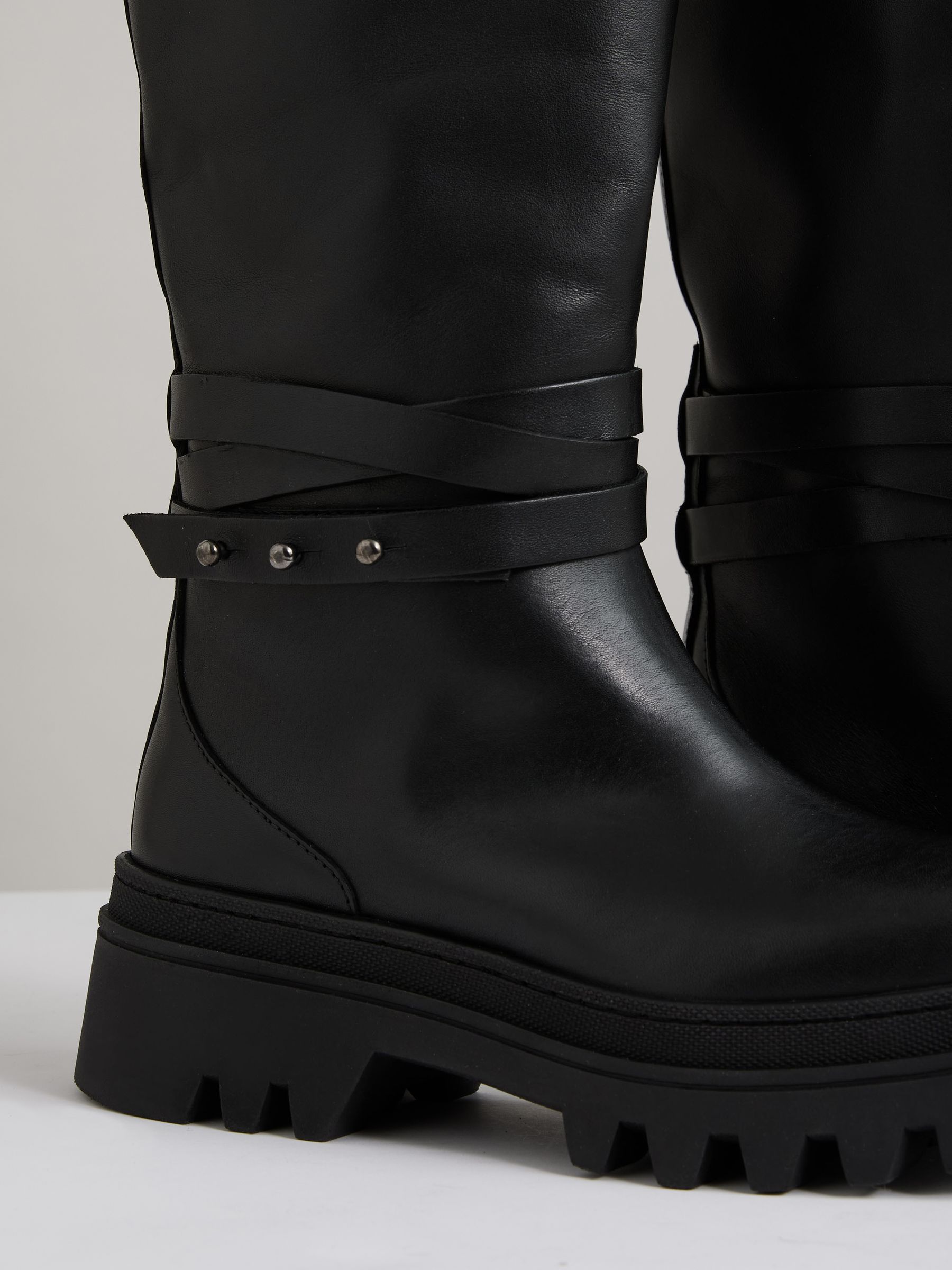 Leather Chunky Flat Knee-High Boots in Black