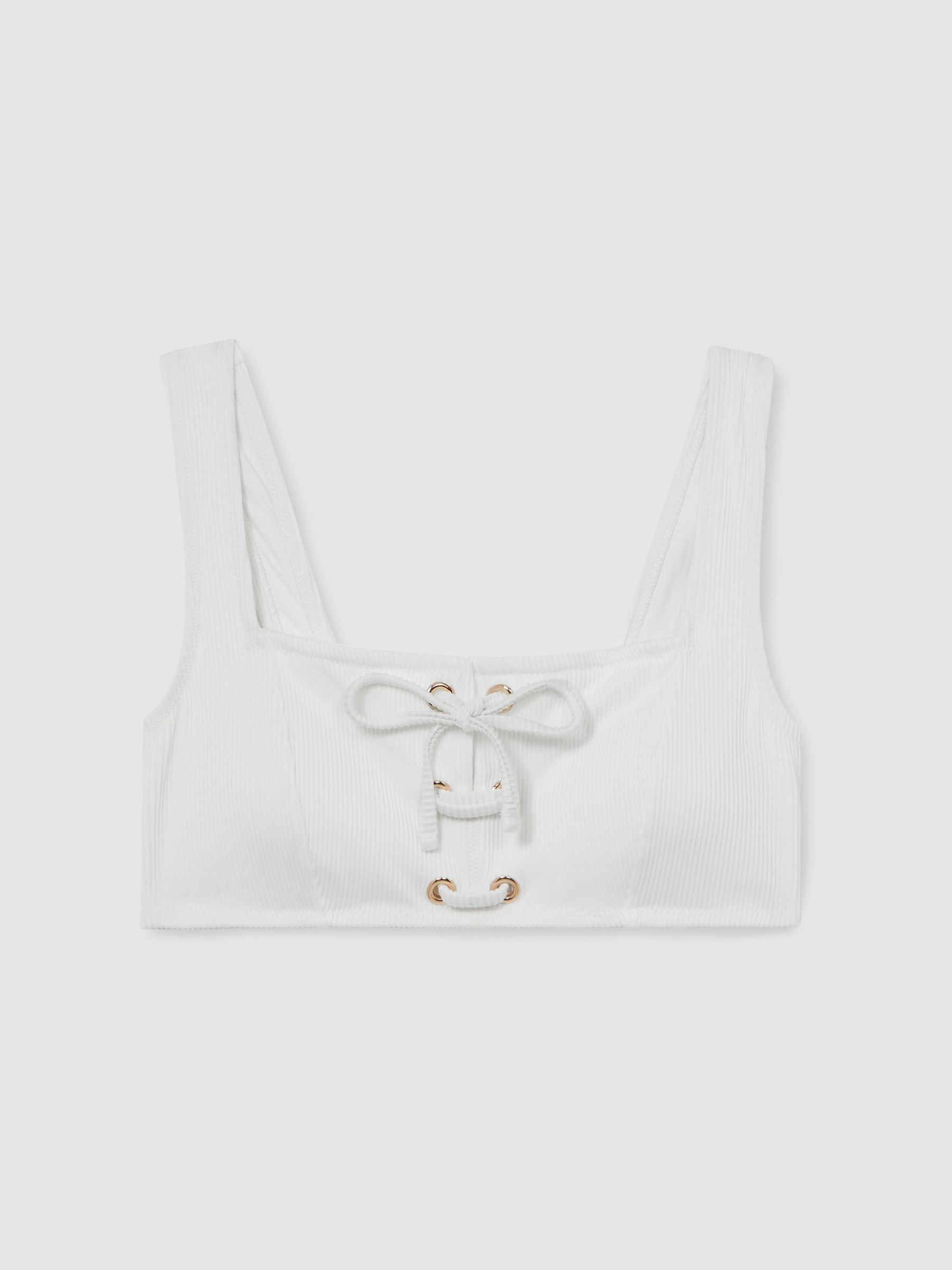 Ribbed Lace-Up Bikini Top in White