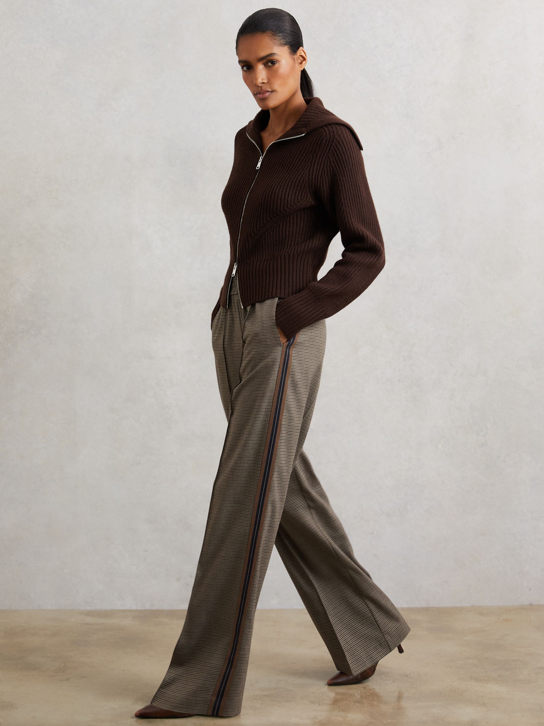 Petite Side-Stripe Wide-Leg Check Trousers in Neutral Check