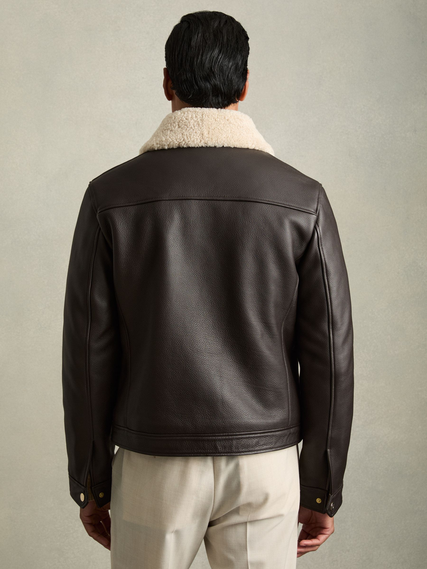 Shearling-Collar Leather Jacket in Dark Brown