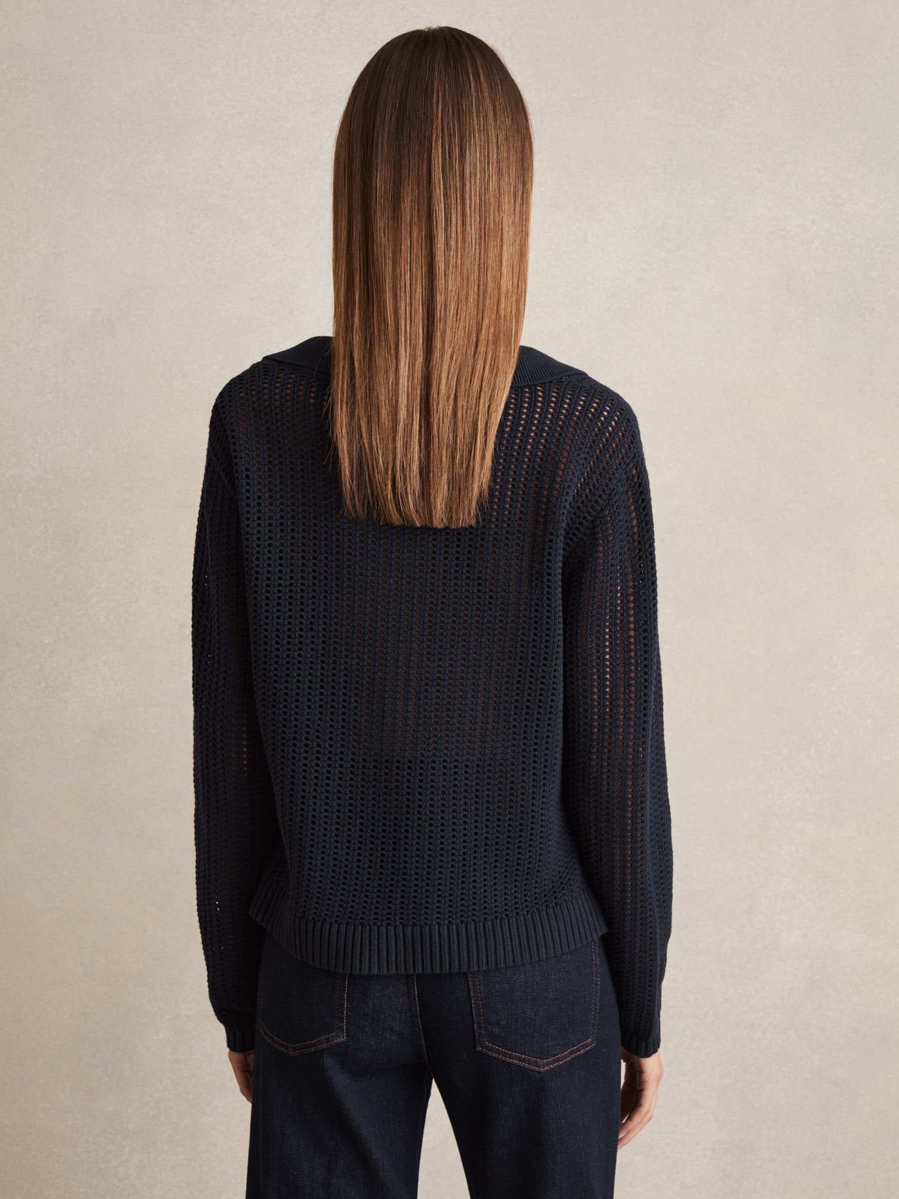 Cotton Blend Open Collar Jumper in Navy