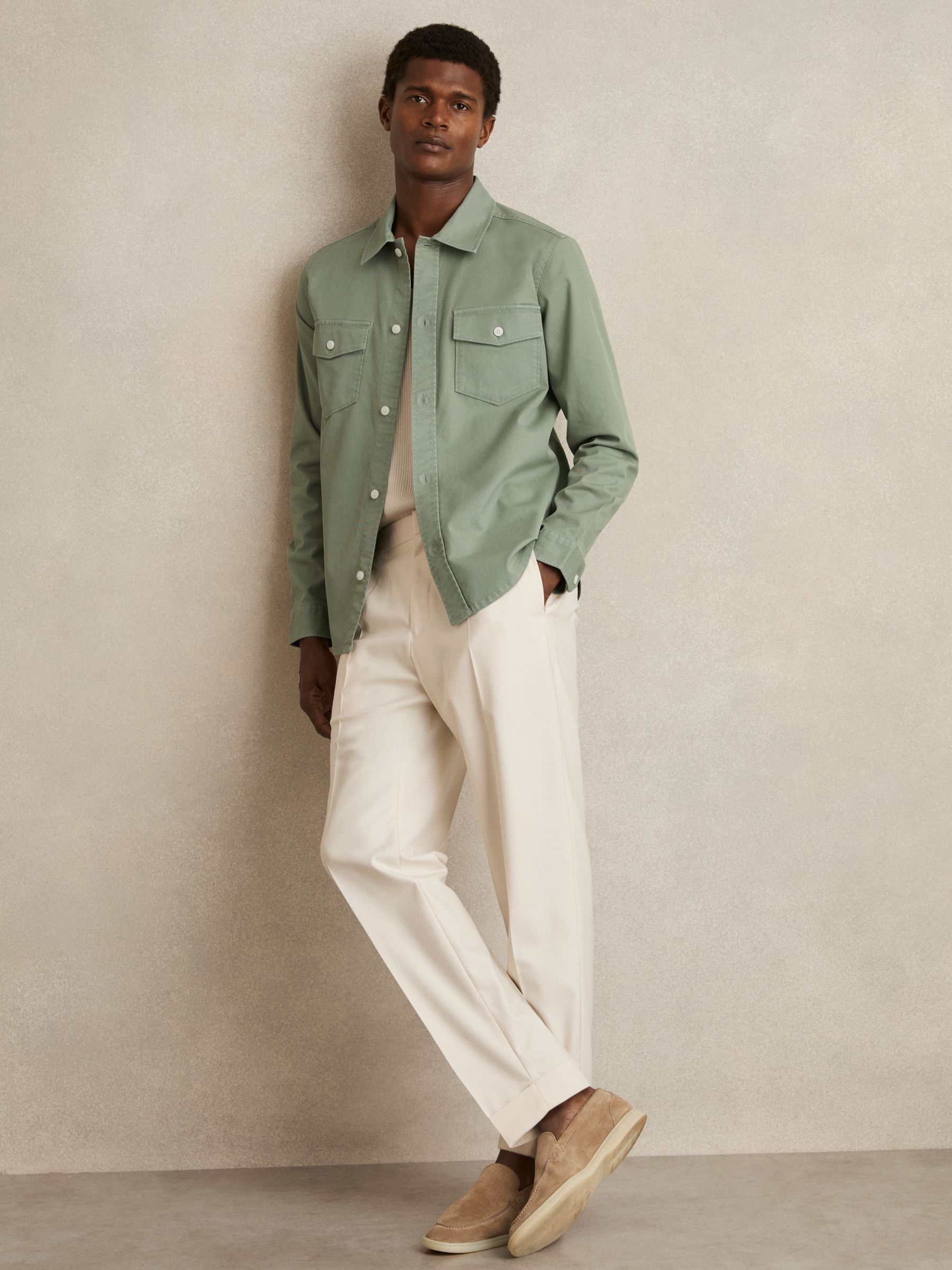 Cotton Twill Twin Pocket Overshirt With Stretch in Sage Green
