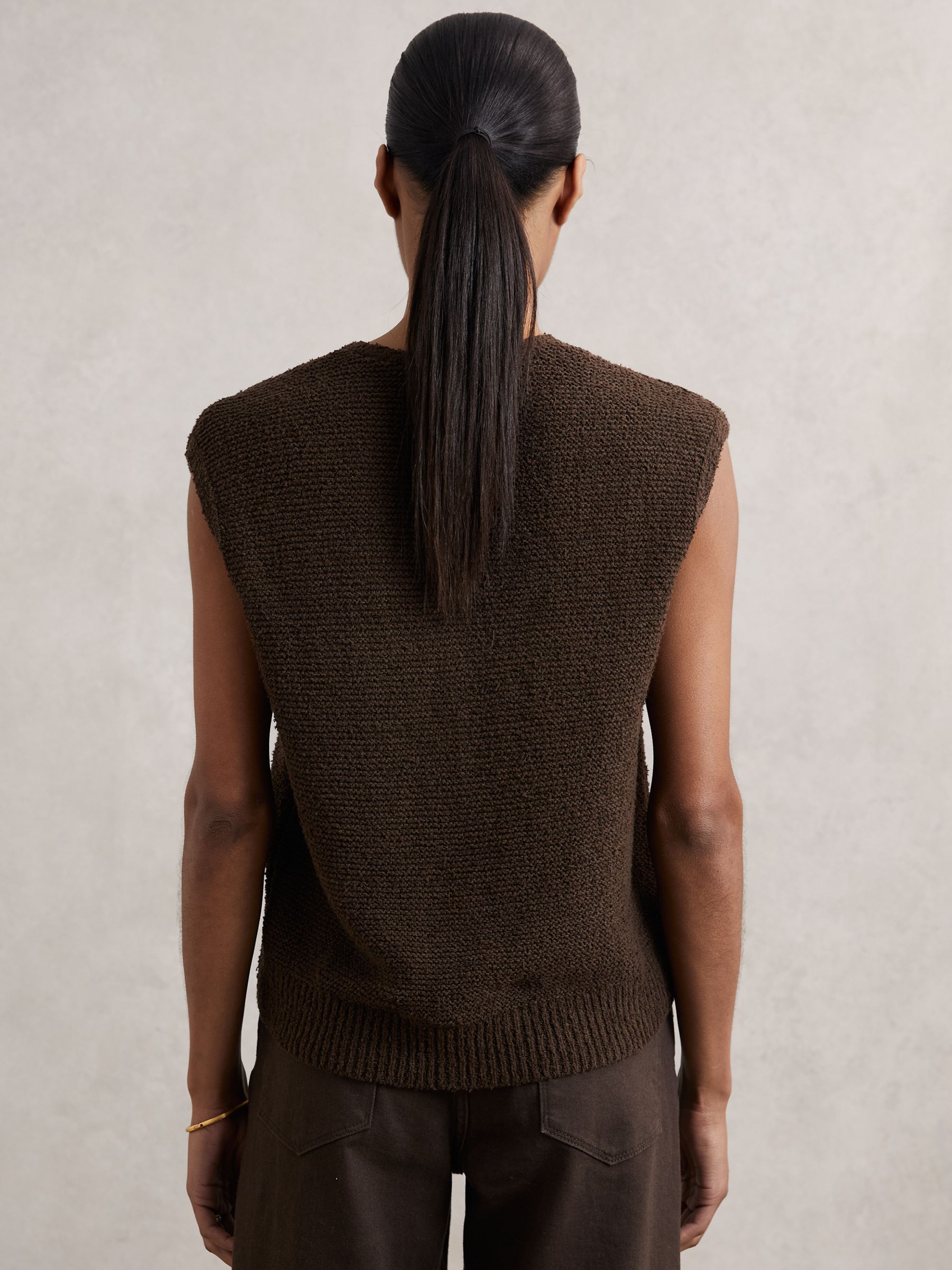 Cotton-Linen Button-Through Knit Top in Chocolate Brown