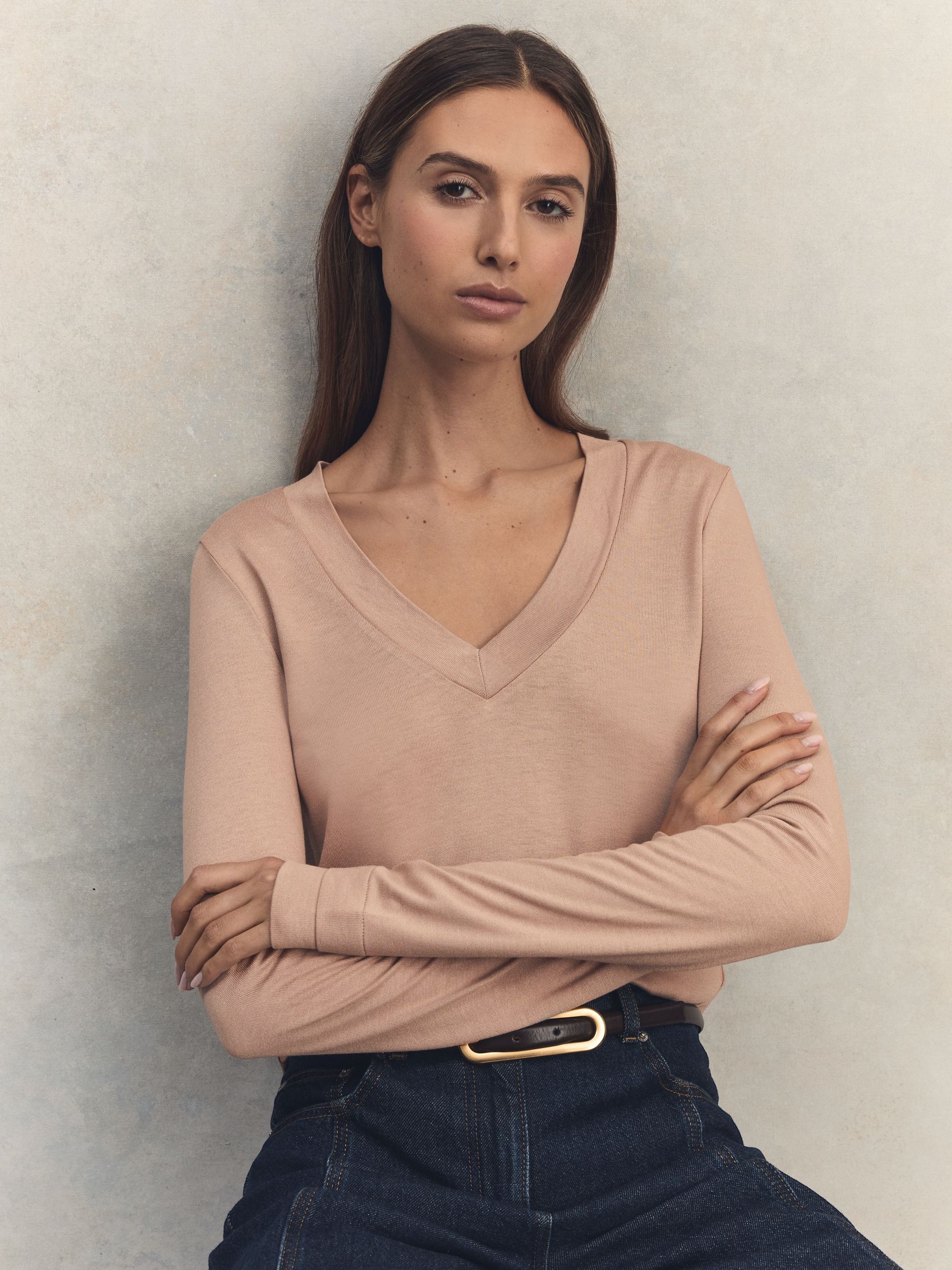 Jersey V-Neck Top in Camel