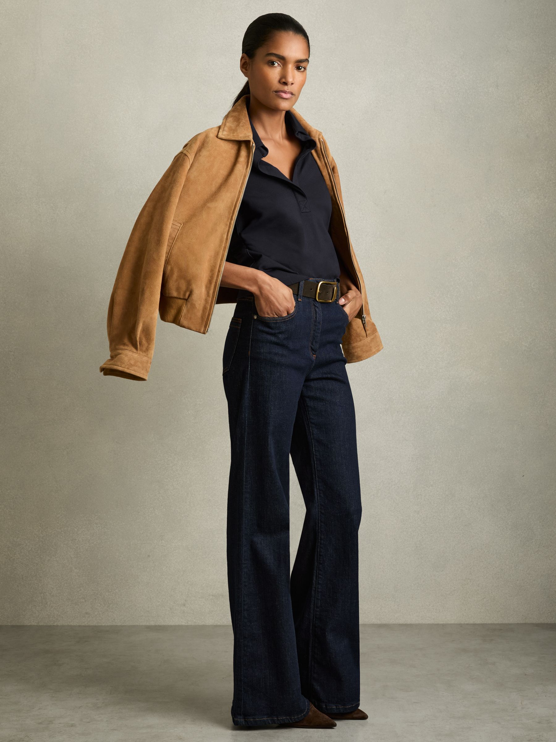 Suede Zip Through Bomber Jacket in Tan