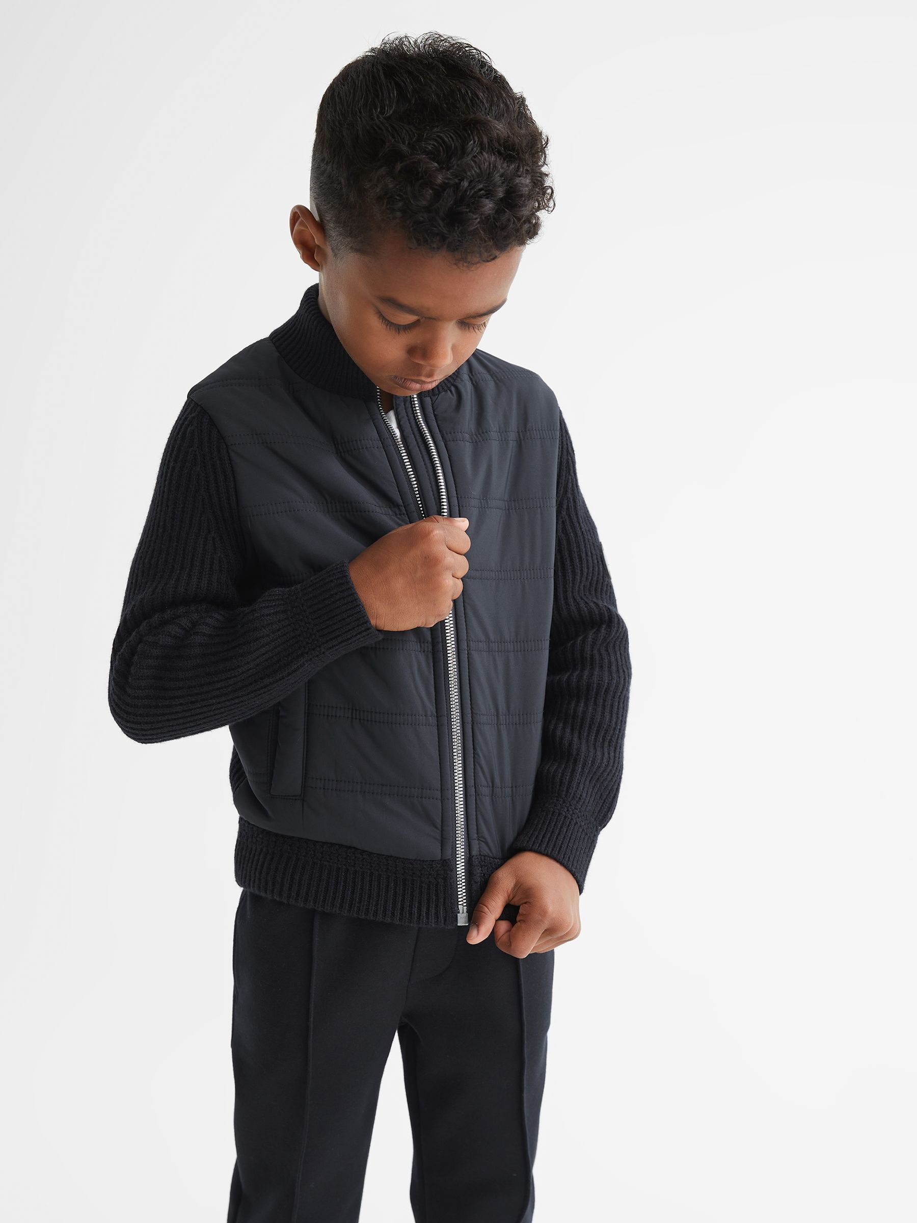 Junior Hybrid Zip Through Quilted Jacket in Navy
