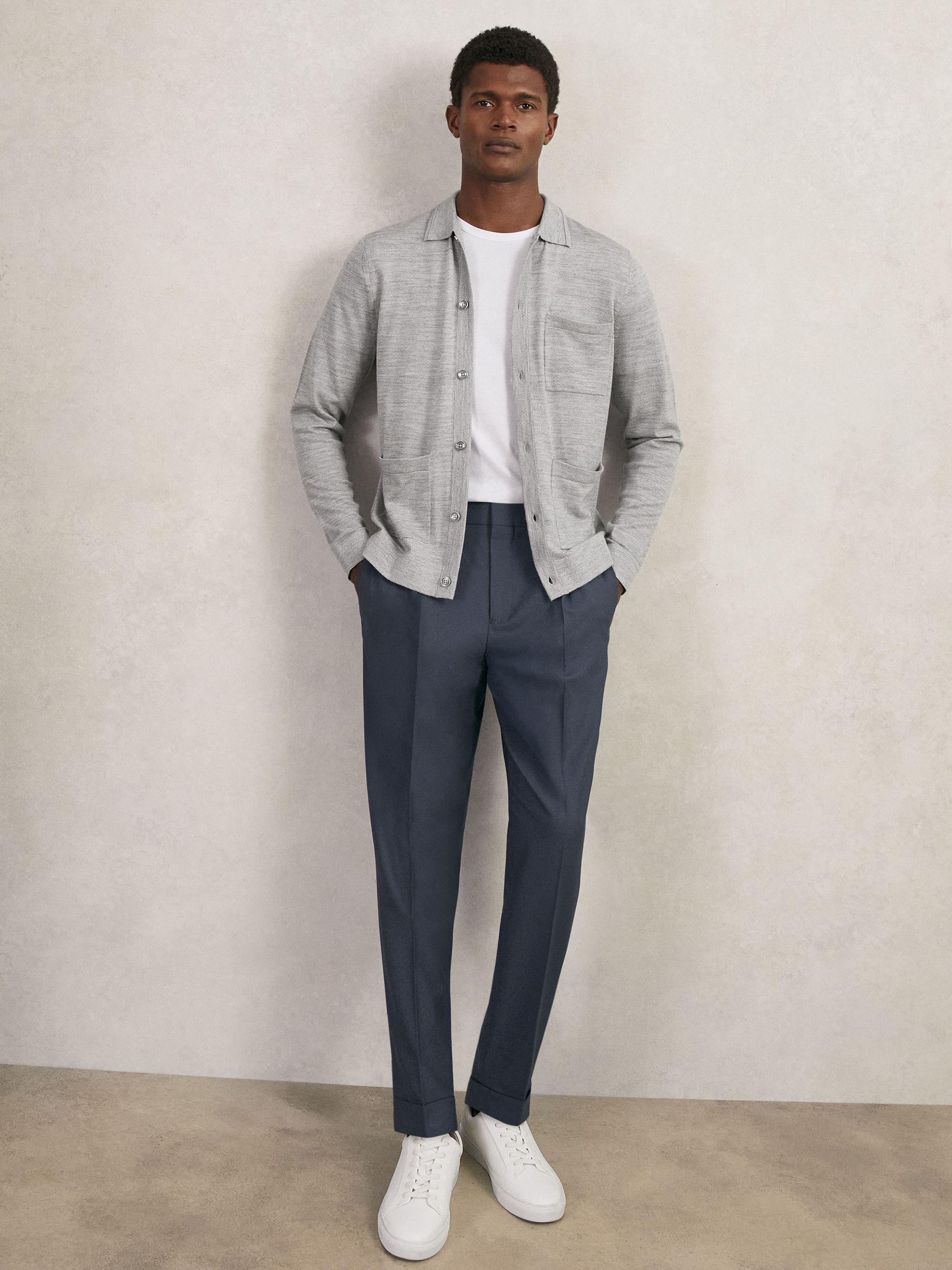 Merino Wool Button-Through Shirt in Soft Grey Mouline